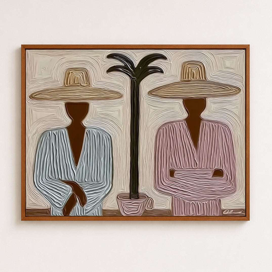 Wabi Sabi Tropical Art With Palm Tree And Minimalist Figures For Modern Home Decor