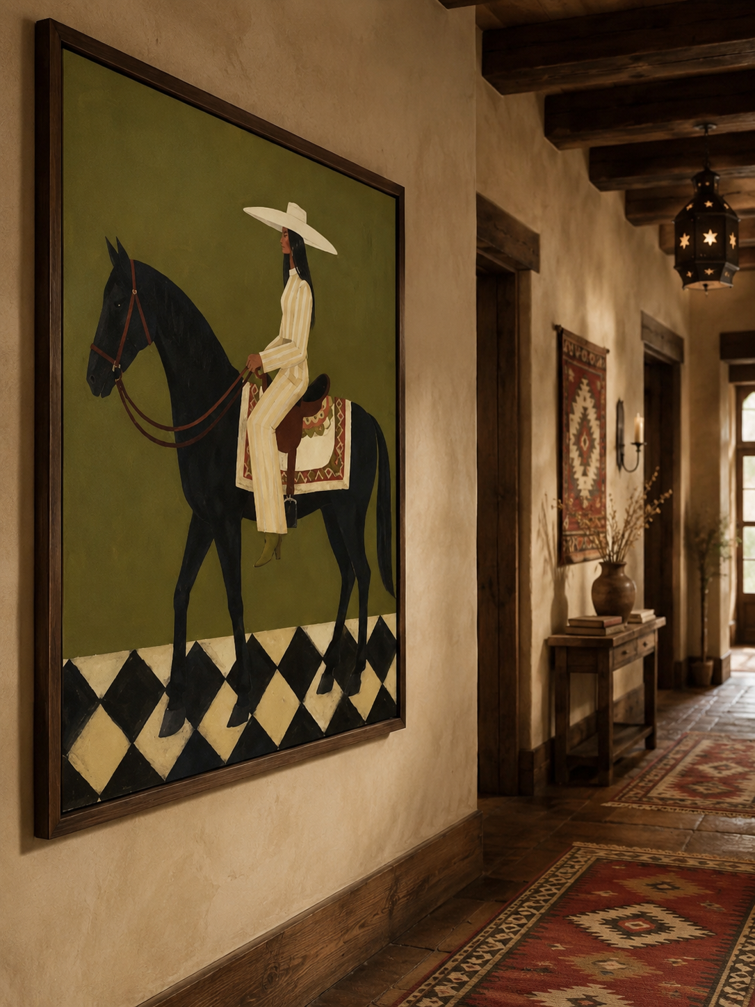 Retro Equestrian Art Painting Olive Green Background Woman On Horse Wall Decor