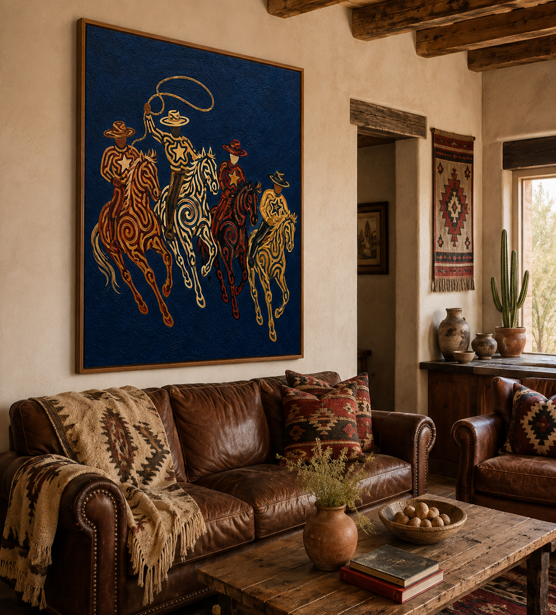 Navy Western Cowboy Oil Painting, Lasso Horse Wall Art, Southwestern Rodeo Hand Painted Decor