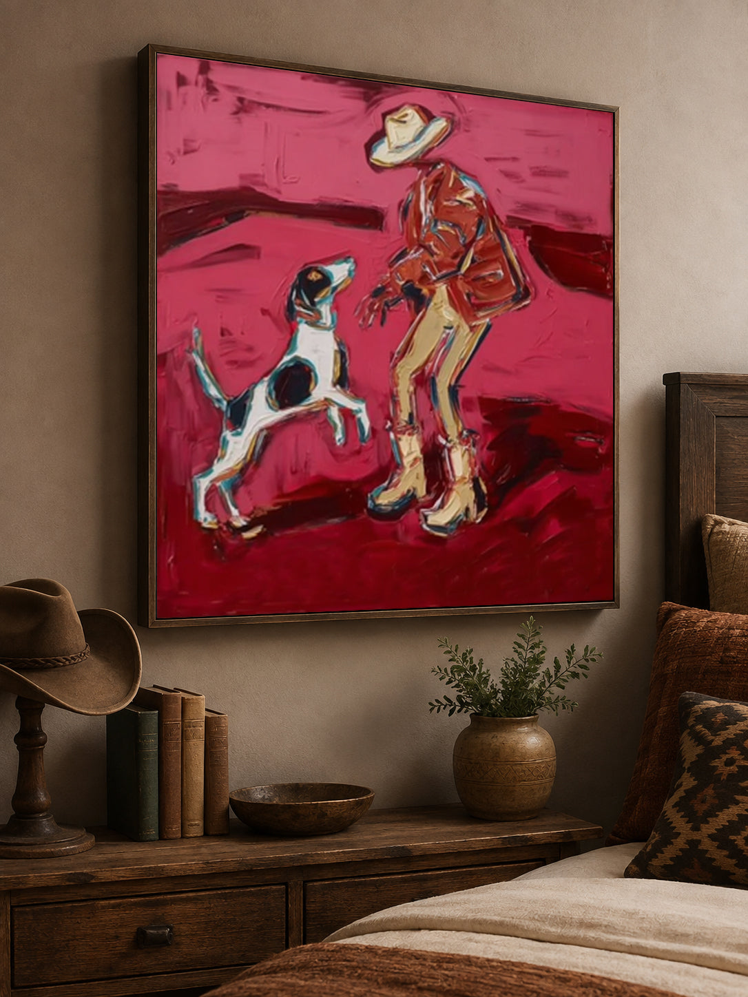 Cowboy And Dog Figurative Canvas Painting In Red Tones For Modern Western Decor