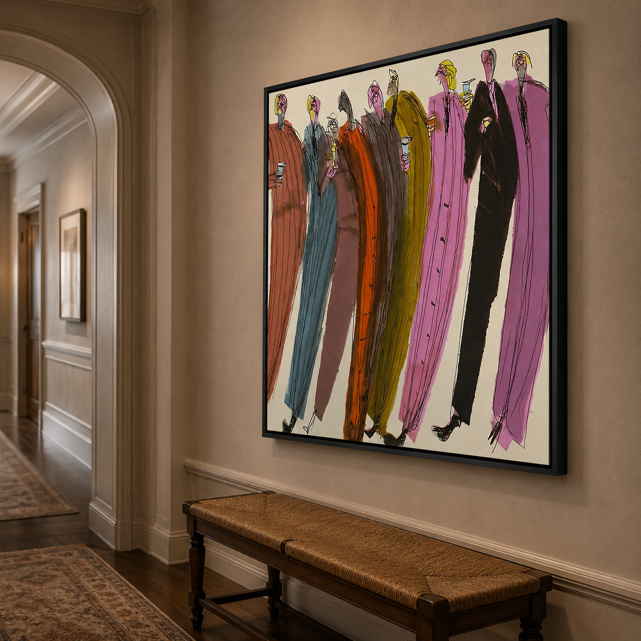 Vibrant Abstract Figure Painting Of Cocktail Party For Modern Living Room Decor