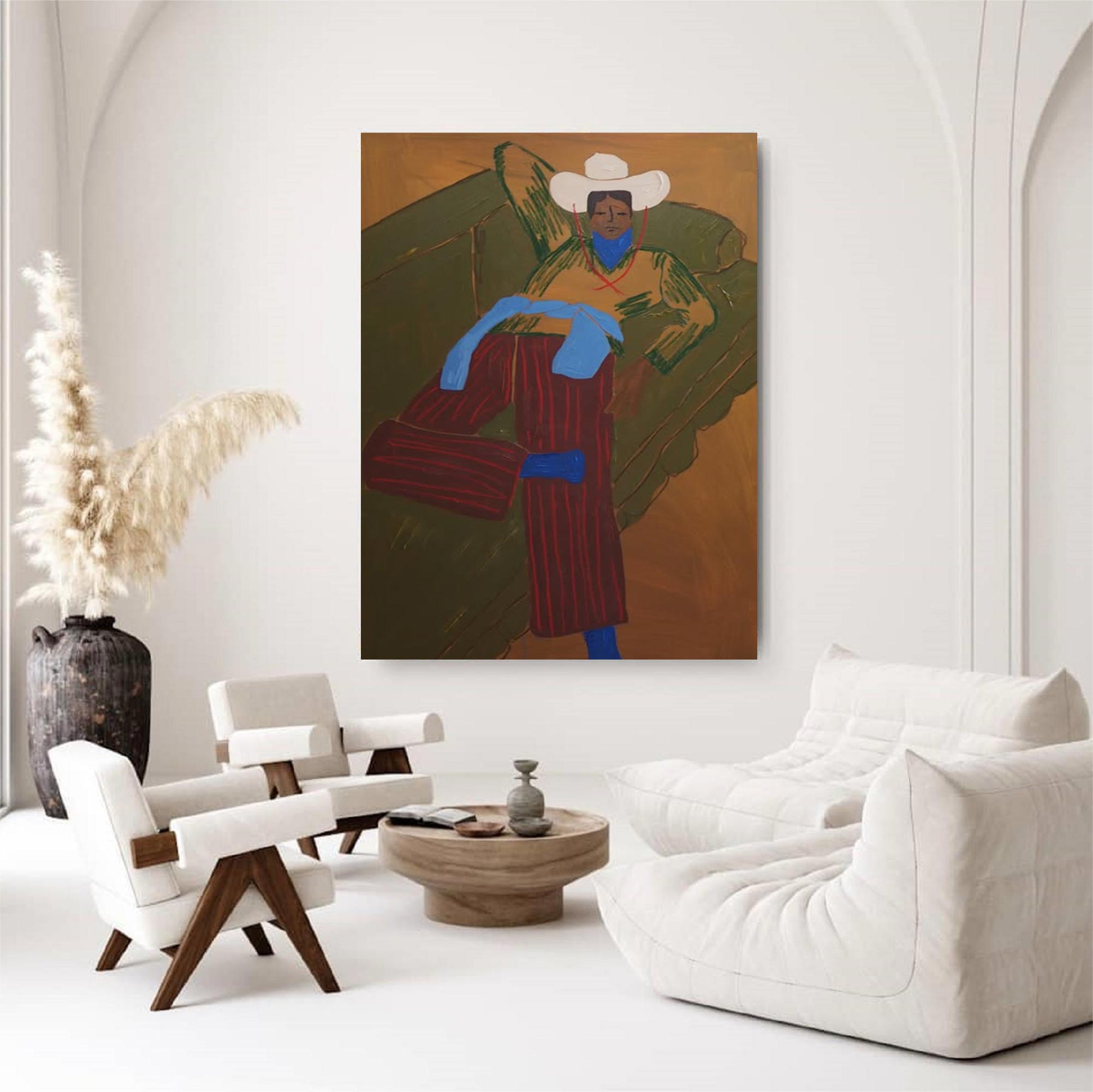 Retro Cowboy Portrait Art Painting contemporary Quirky Male Figure Decor