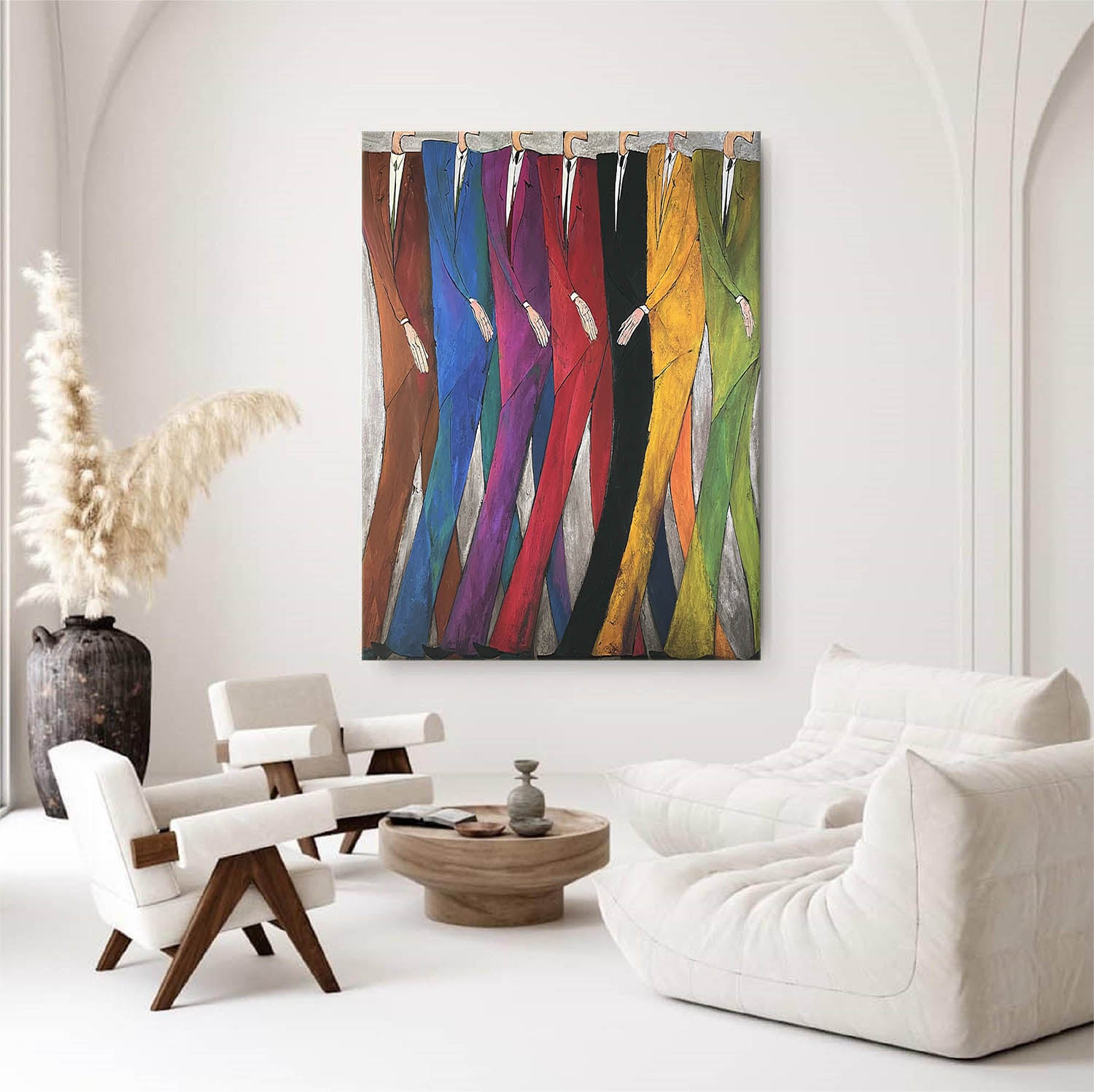 Modern Abstract Figures Painting - Mid-Century Hand-Painted Figures for Office Decor
