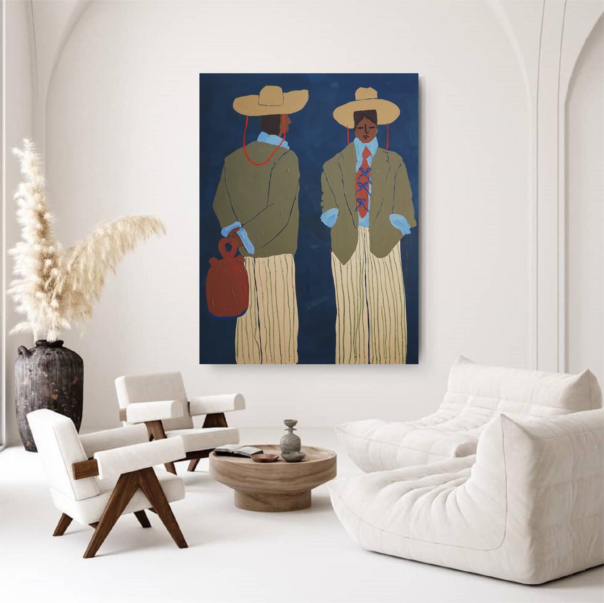 contemporary folk style male figure duo art Vintage Fashion Art Painting