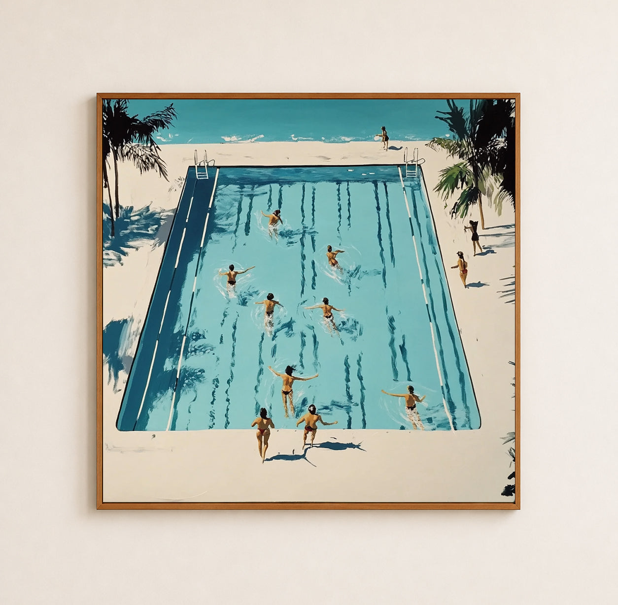 Vintage Pool Painting With Palm Trees For Modern Living Room Wall Decor Large Square Canvas