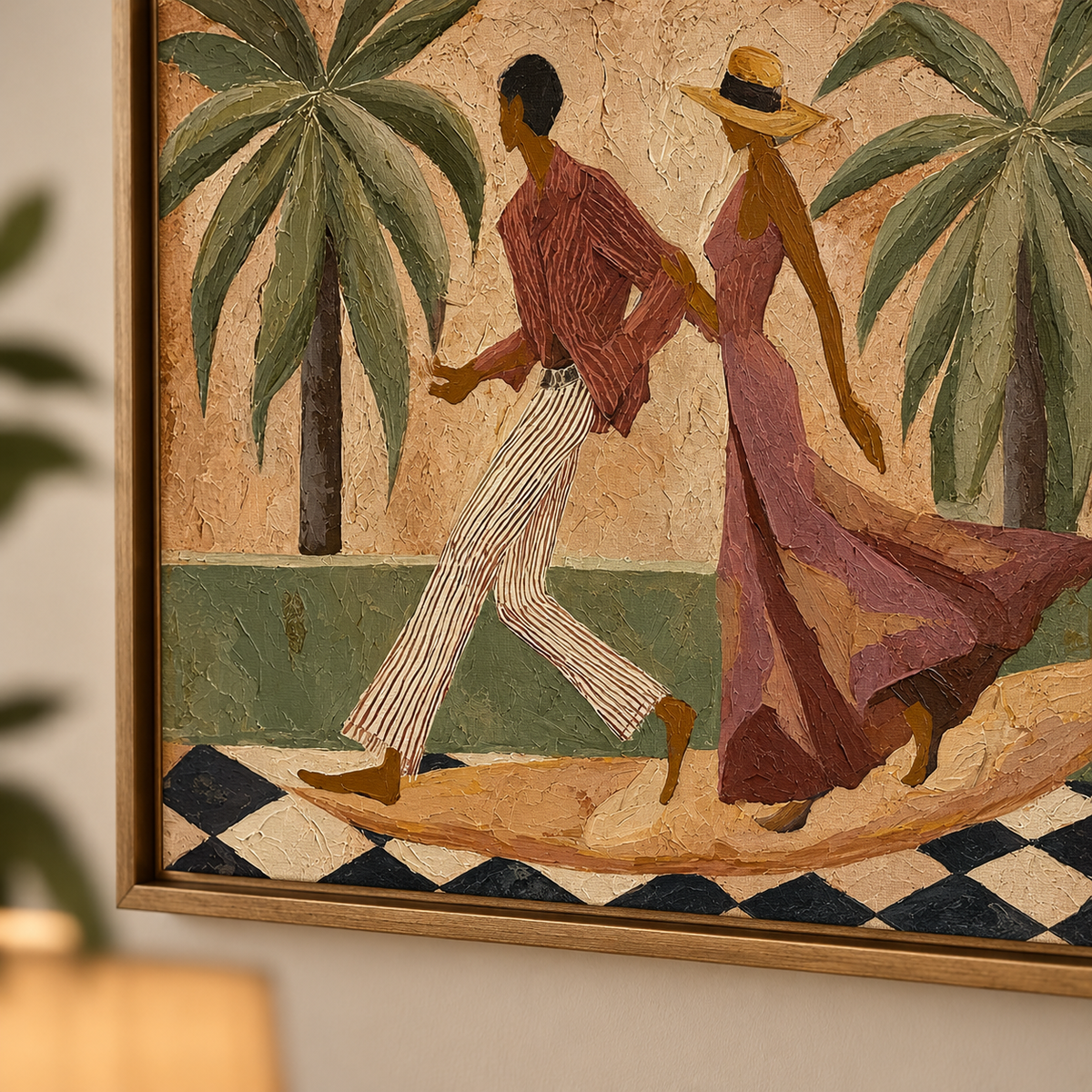Dancing Couple Canvas Painting With Tropical Palms And Olive Green Tones