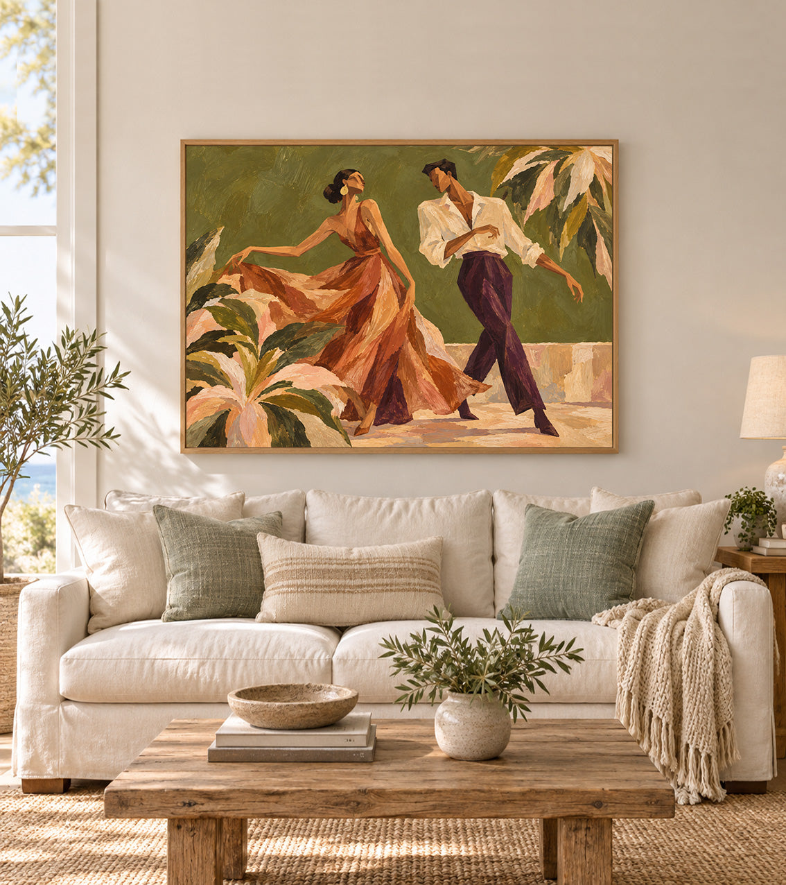 Vintage Dancing Couple Canvas Painting With Tropical Palms And Green Tones