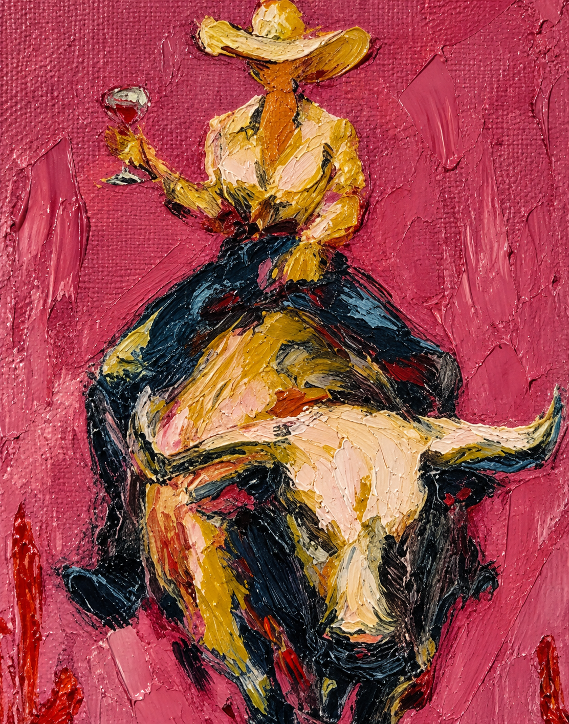 Pink Rodeo Bull Rider Hand-Painted Oil Painting | Southwestern Wall Art