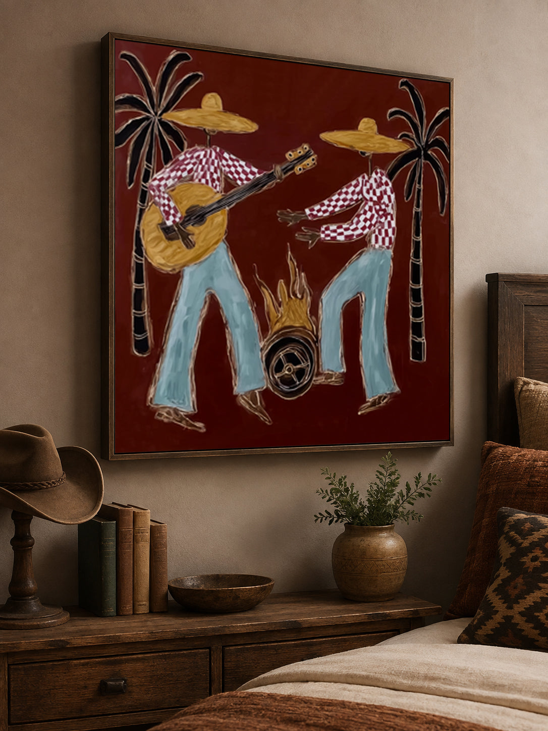Folk Art Guitarists With Campfire Hand-Painted Canvas Wall Art Red Background Resort Painting