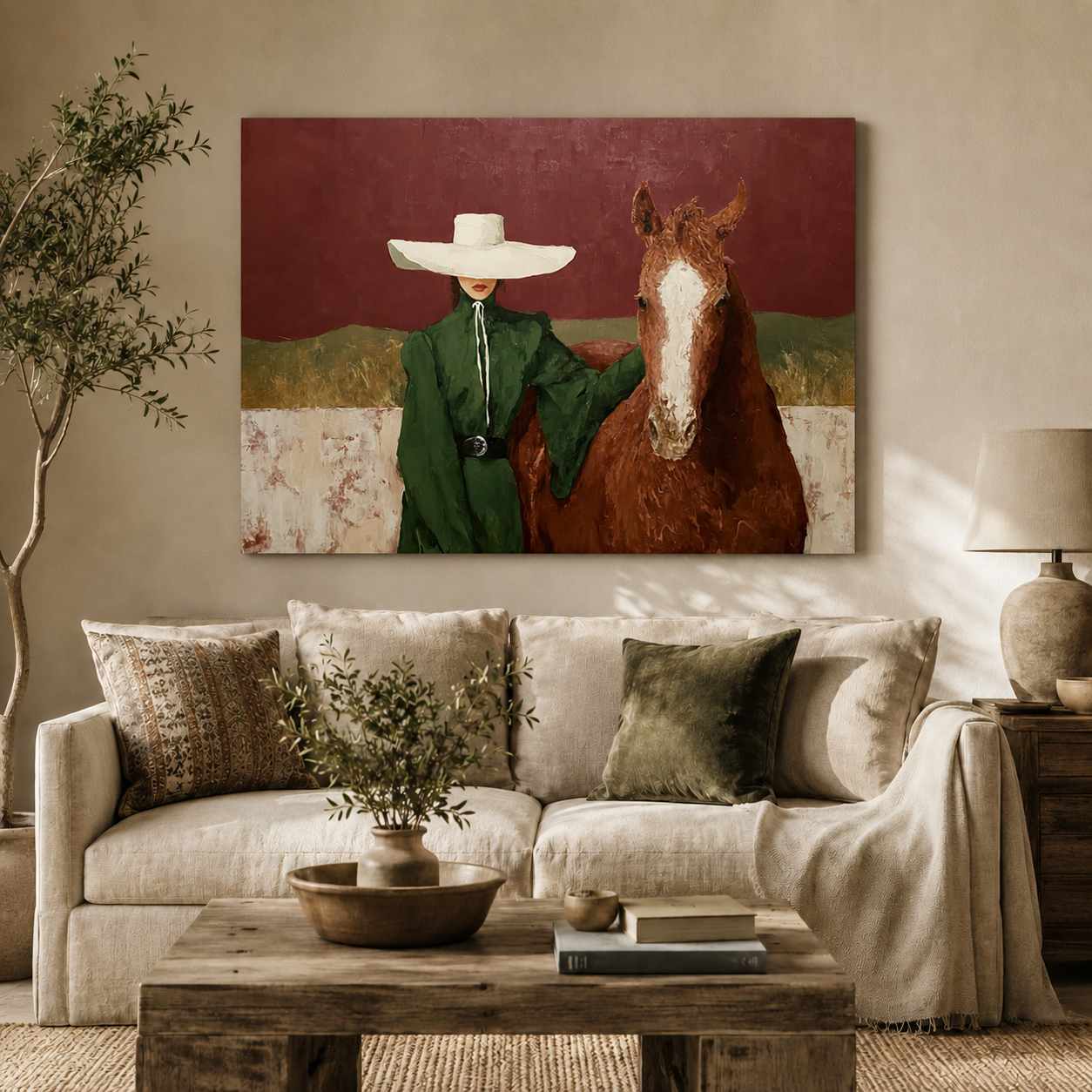 Elegant Woman With Horse Painting In Burgundy And Green For Modern Home Wall Art Decor