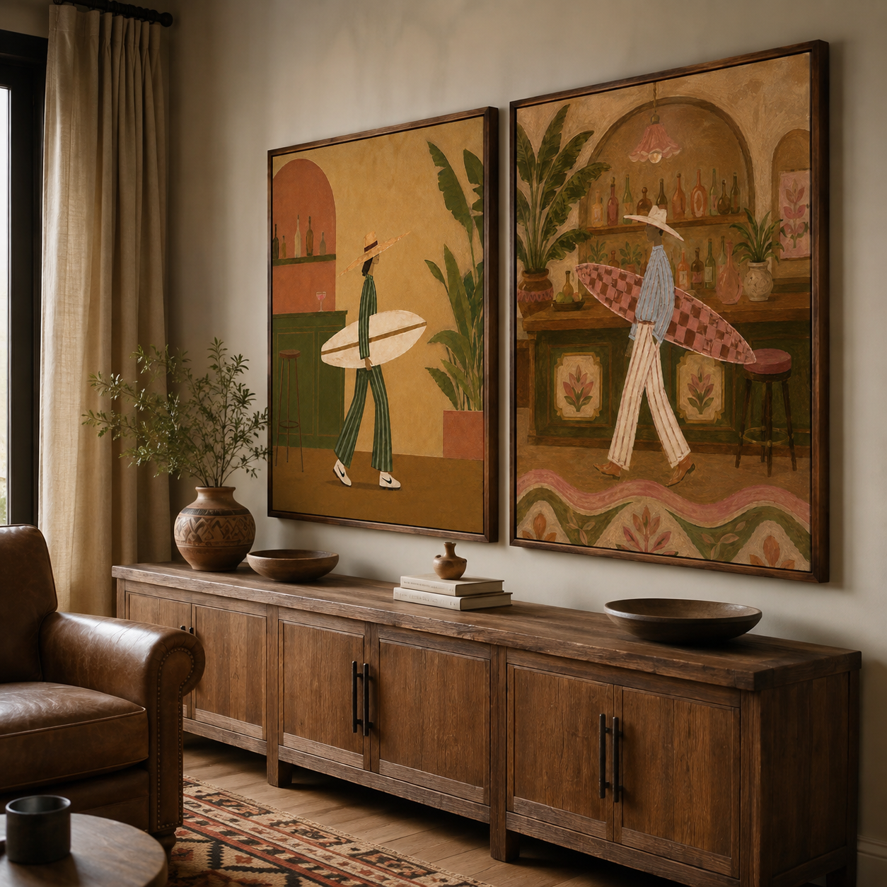 Retro Surfing And Bar Illustration Wall Art Set Of 2, Vintage Bohemian Aesthetic Canvas Painting For Living Room