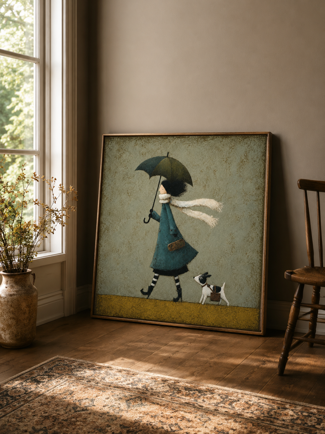 Whimsical Girl With Dog Umbrella Painting Textured Teal Green Wall Art For Nursery