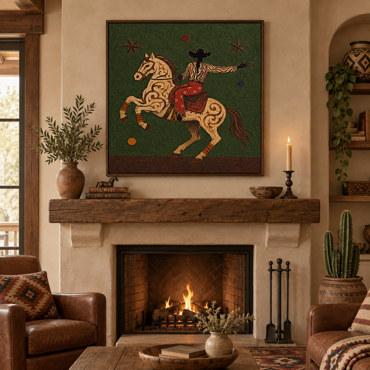 Cowboy And Horse Canvas Painting With Green Background Original Art
