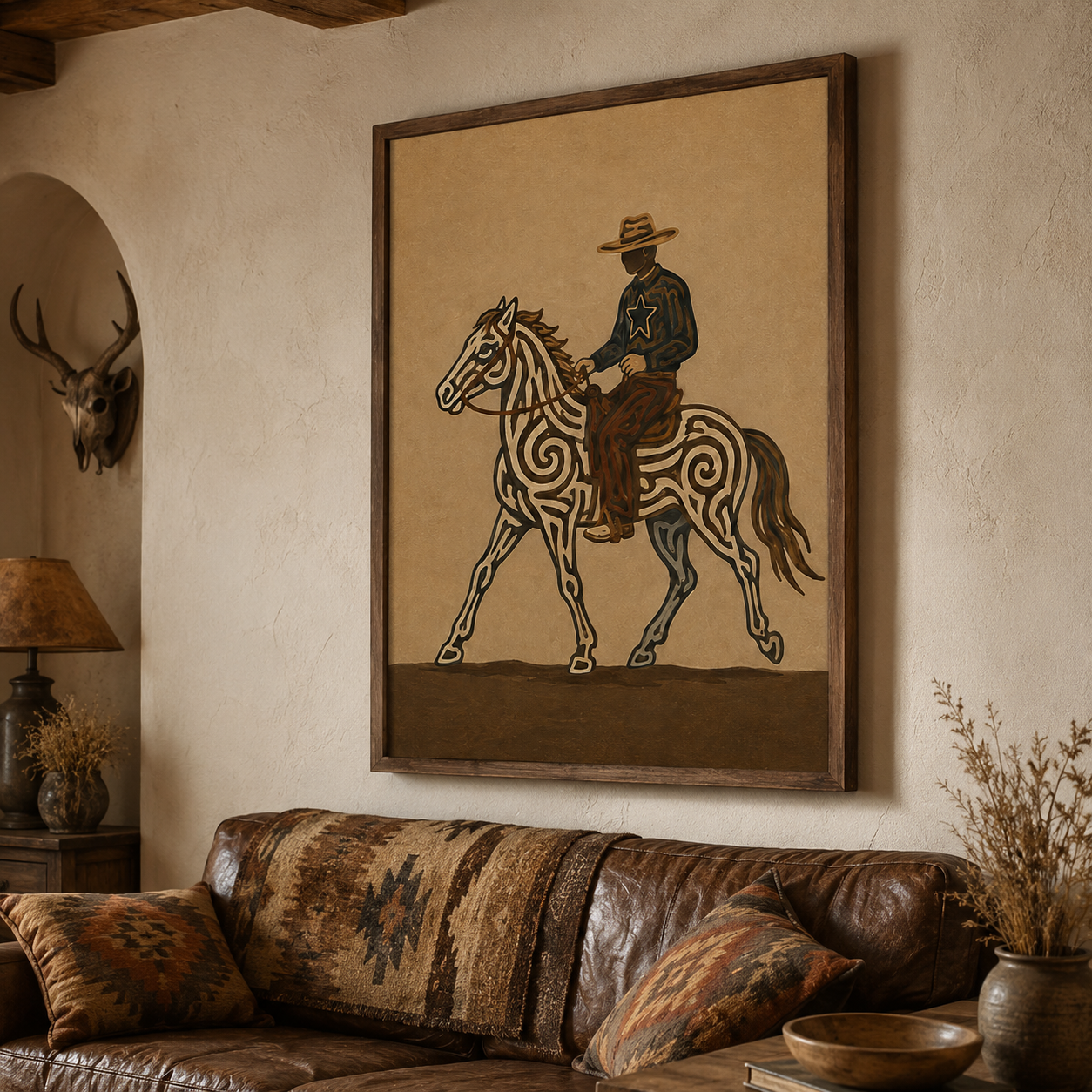 Western Cowboy Horse Painting, Rustic Ranch Equestrian Wall Art, Southwestern Folk Decor