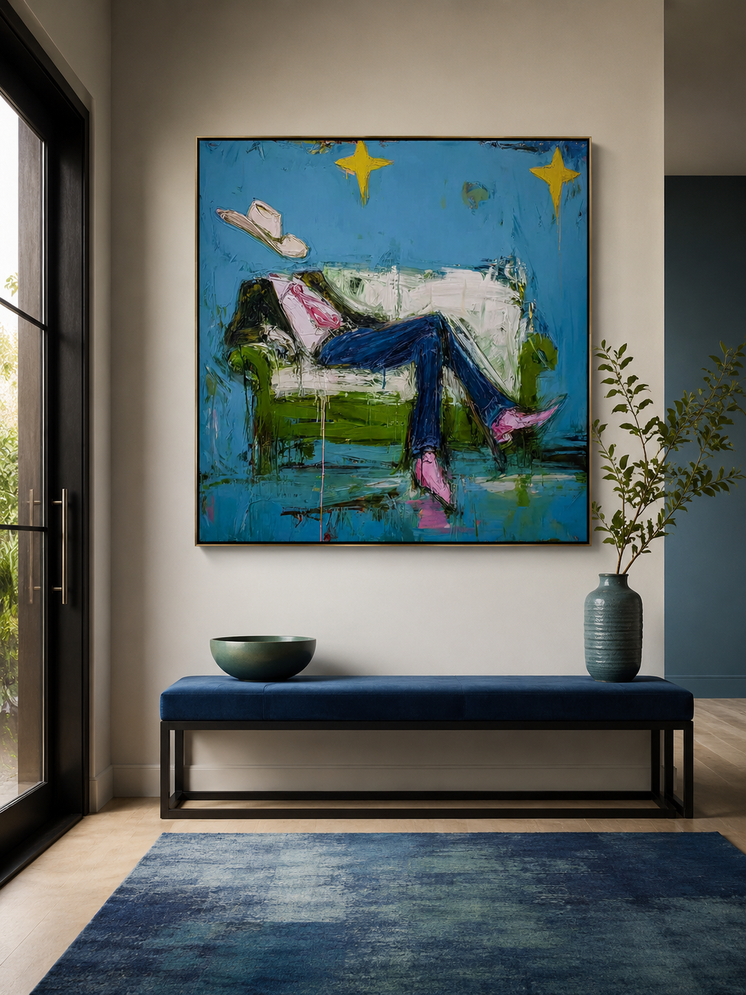 Surreal Cowboy Art With Stars And Green Sofa Modern Wall Decor For Living Room