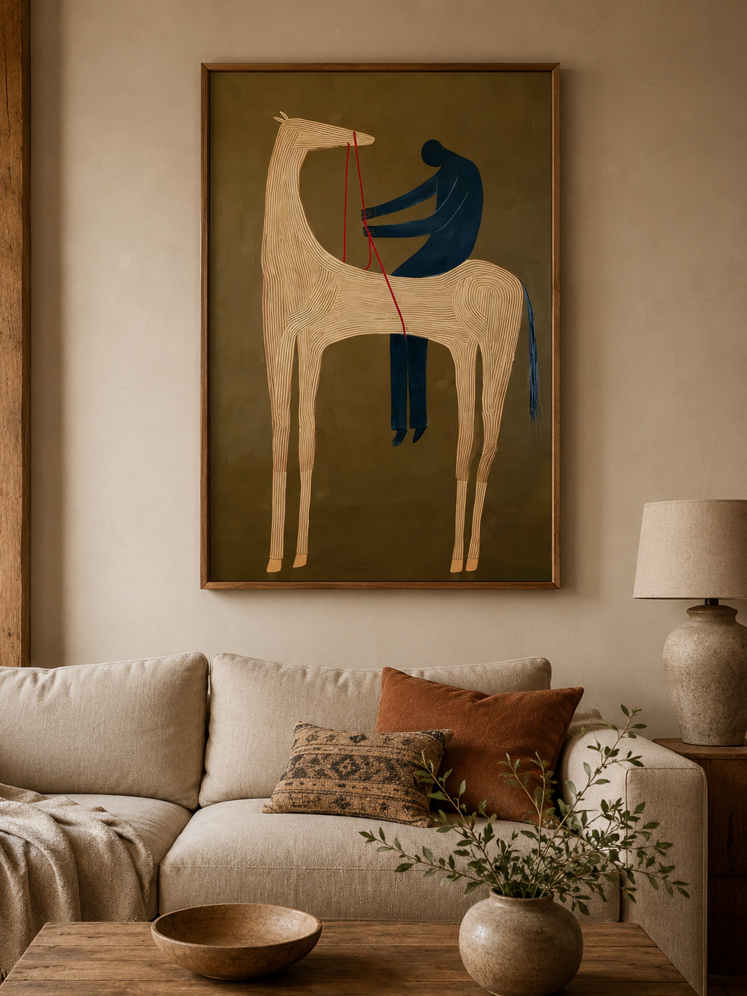 Abstract Storytelling Horse Canvas Art Featuring Human Silhouette In Earthy Minimalist Palette