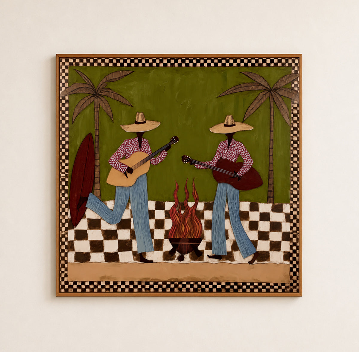 Cowgirl Guitar Painting, Retro Western Music Wall Art With Palm Trees, Olive Green Southwest Decor