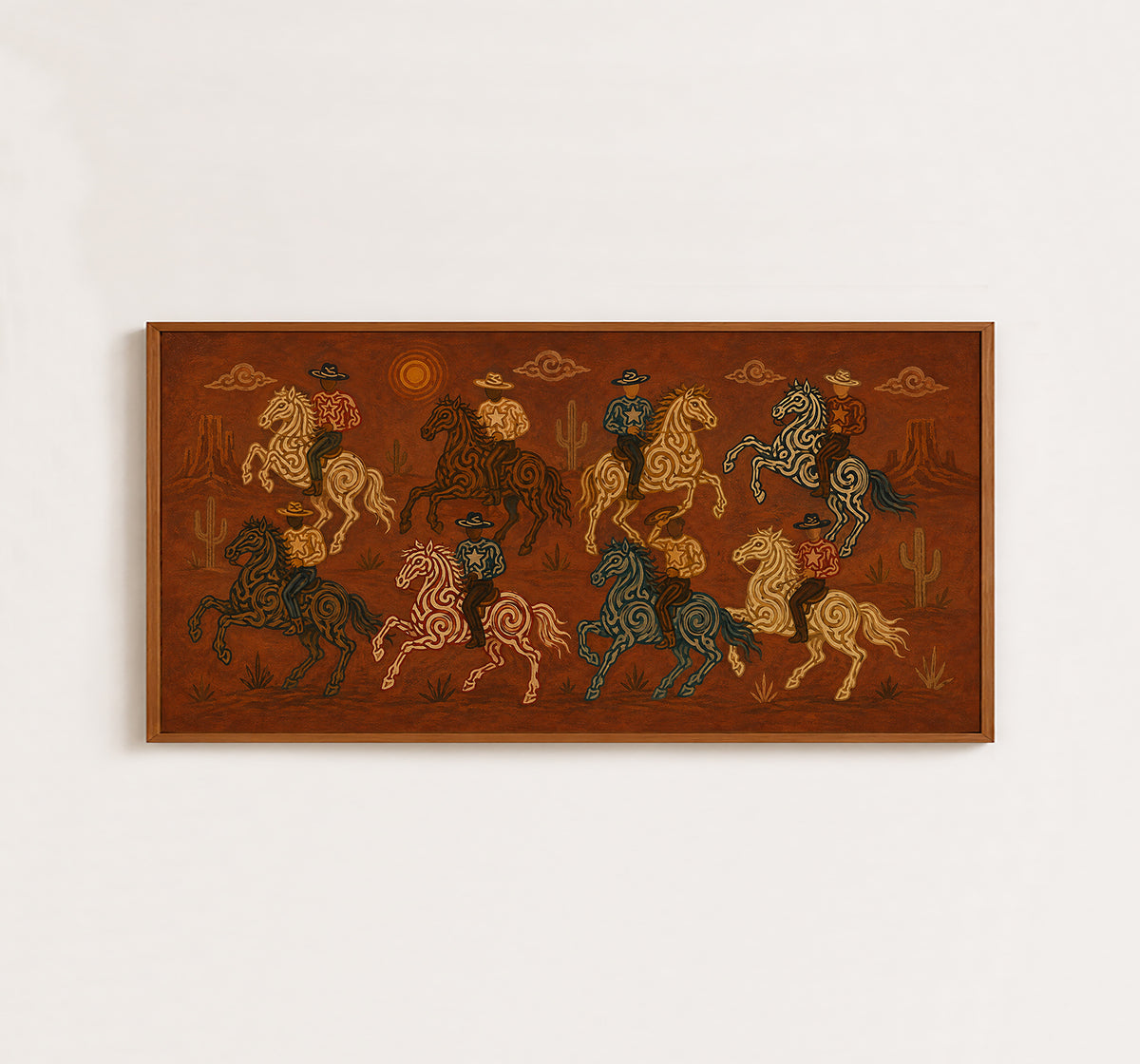 Wild West Cowboy Riders Painting, Panoramic Desert Horse Art, Rustic Southwestern Ranch Decor
