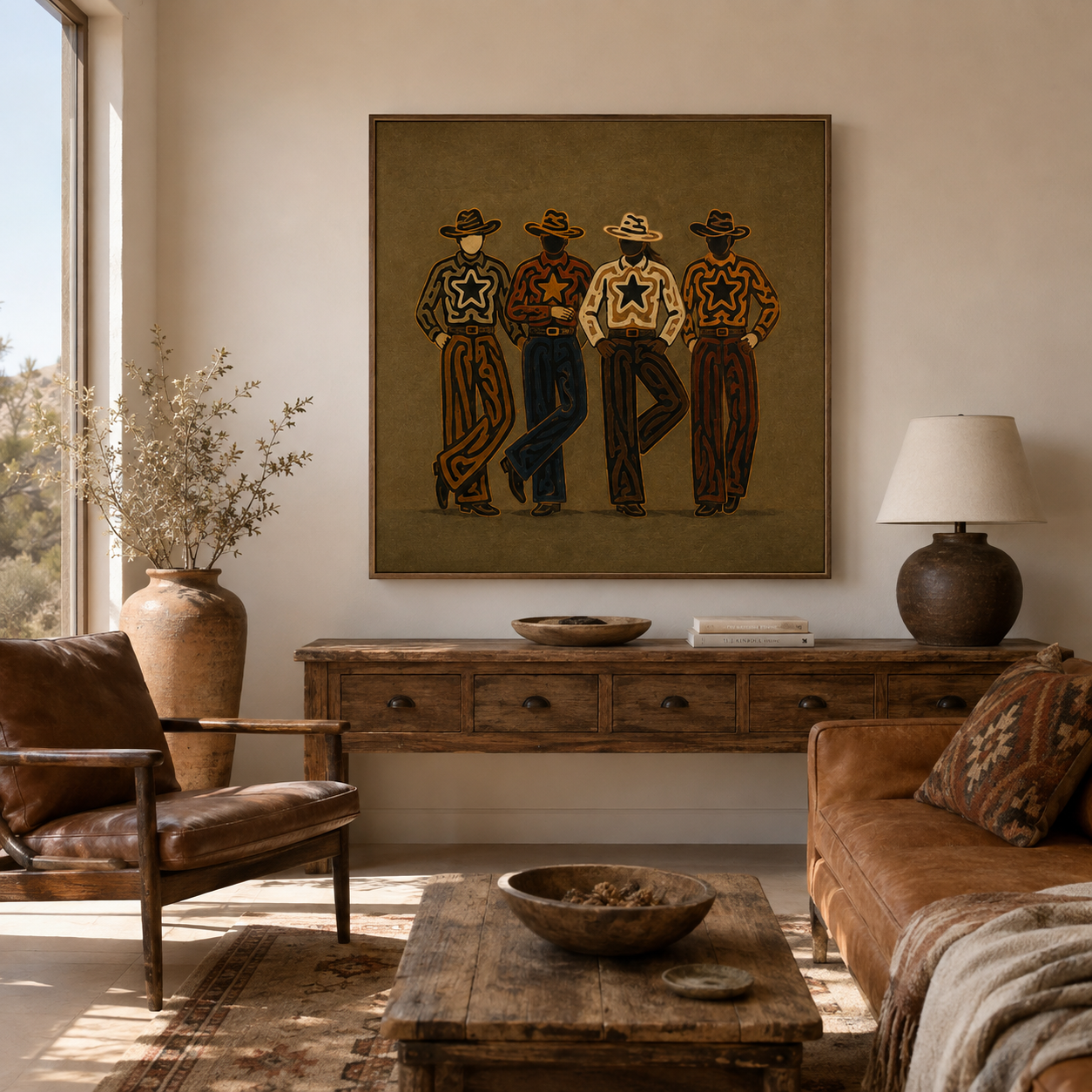 Four Cowboys Painting, Western Folk Art, Rustic Ranch Portrait Wall Decor For Living Room Decor