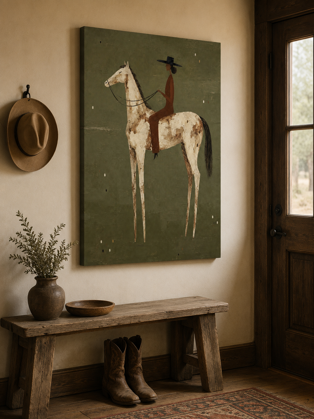 Stylized Woman On Horse Painting For Southwestern Home Decor Wall Art