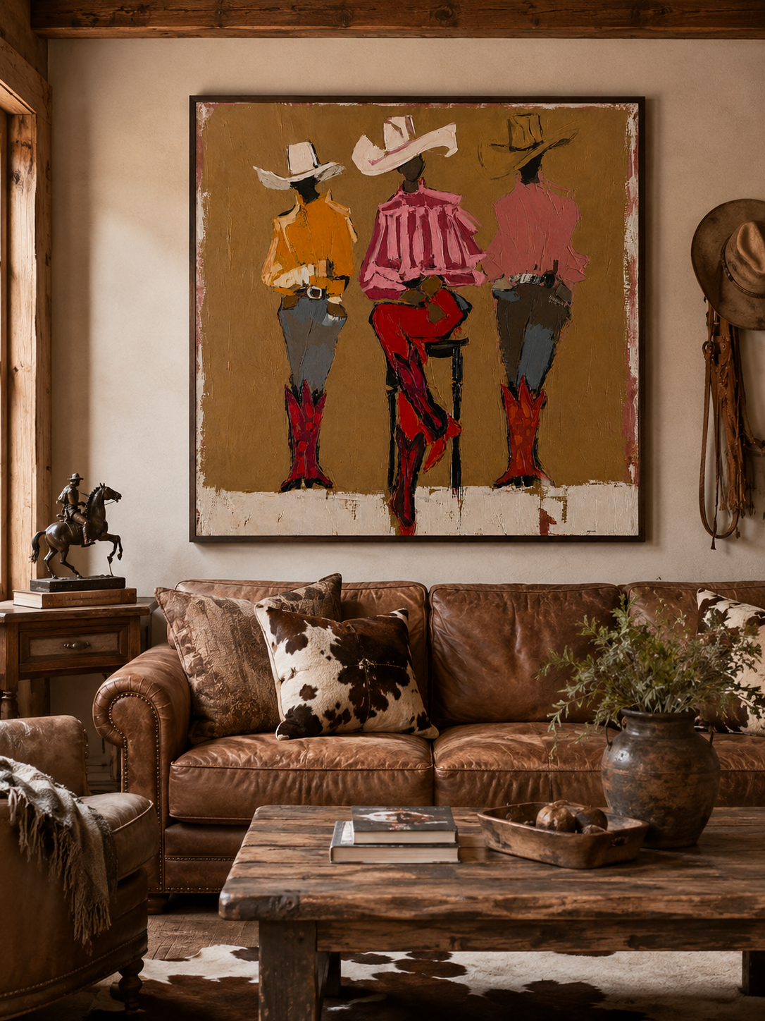 Three Cowgirls Figure Painting Retro Western Art With Textured Brushstrokes For Home Wall
