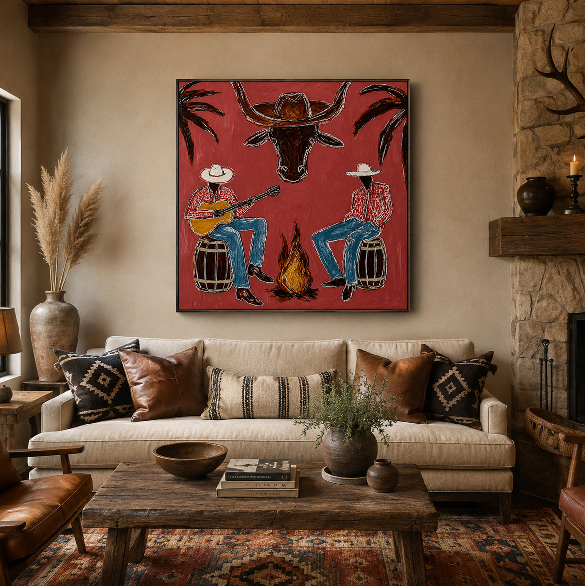 Cowboy And Longhorn Steer Canvas Painting With Campfire Scene Rustic Red Painting