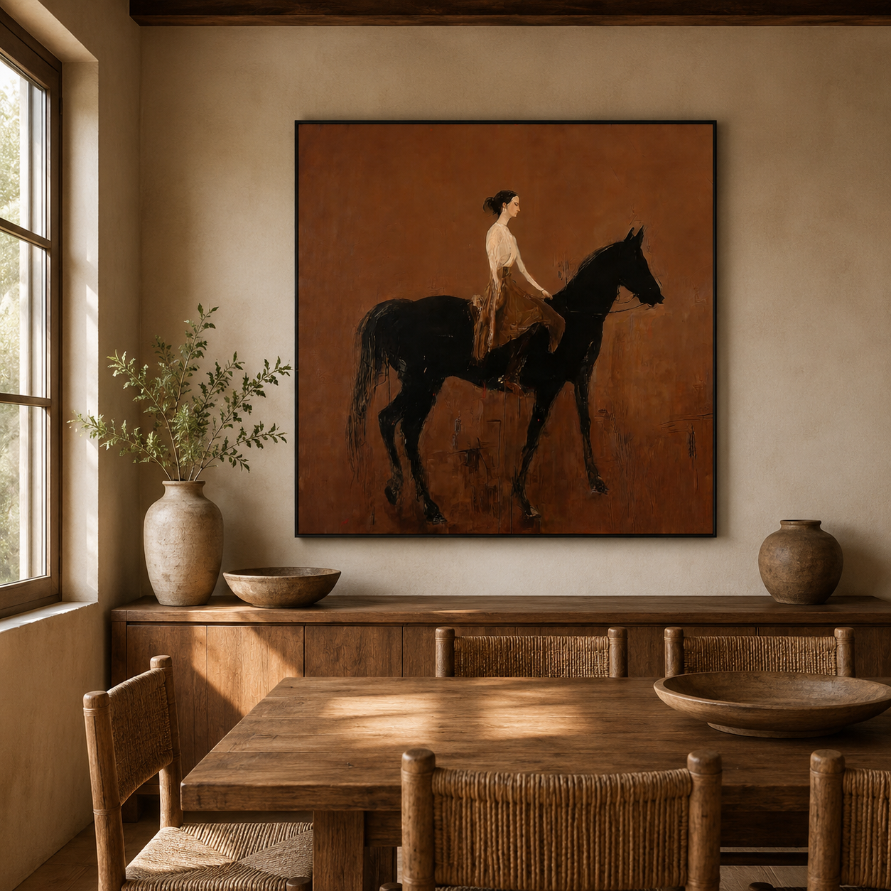 Vintage Brown Horse And Rider Painting Original Oil On Linen Canvas For Classic Home Decor