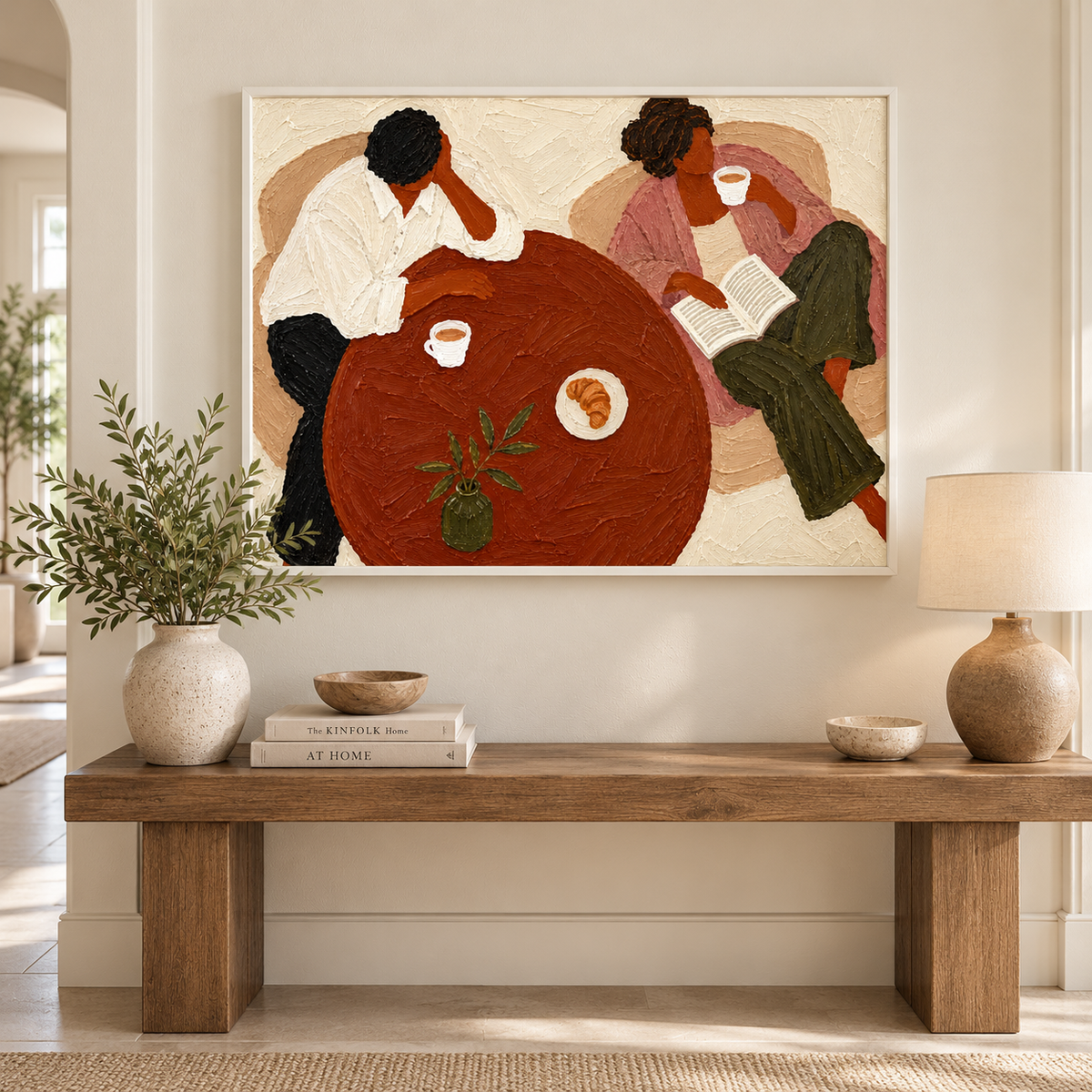 Vintage Couple Coffee Scene Hand-Painted Canvas Wall Art In Earth Tones