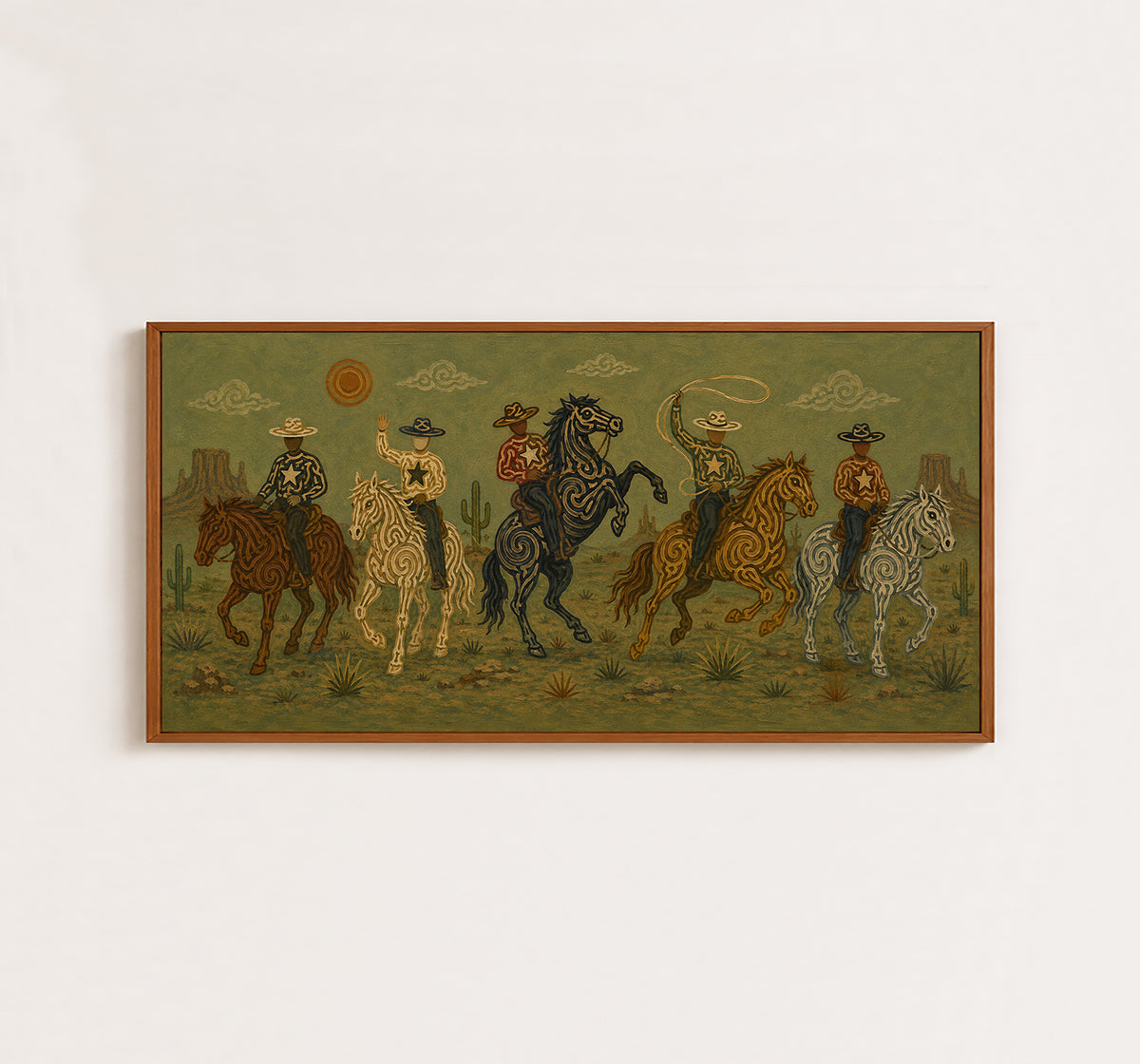 Olive Western Cowboy Painting, Panoramic Lasso Horse Riders, Southwestern Ranch Wall Art