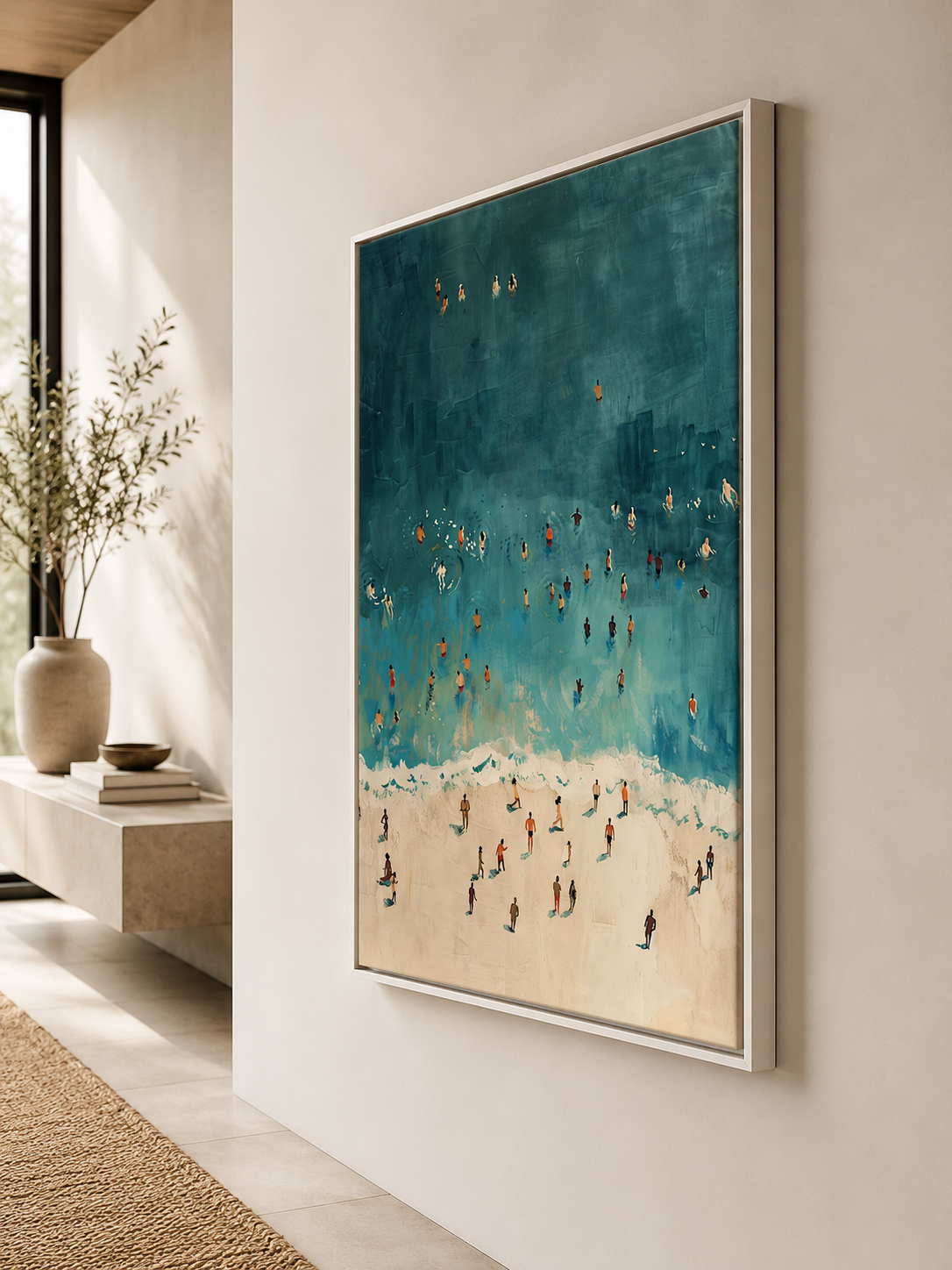 Retro Beach Painting With Minimalist Figures In Teal And Beige For Modern Living Room Wall Art