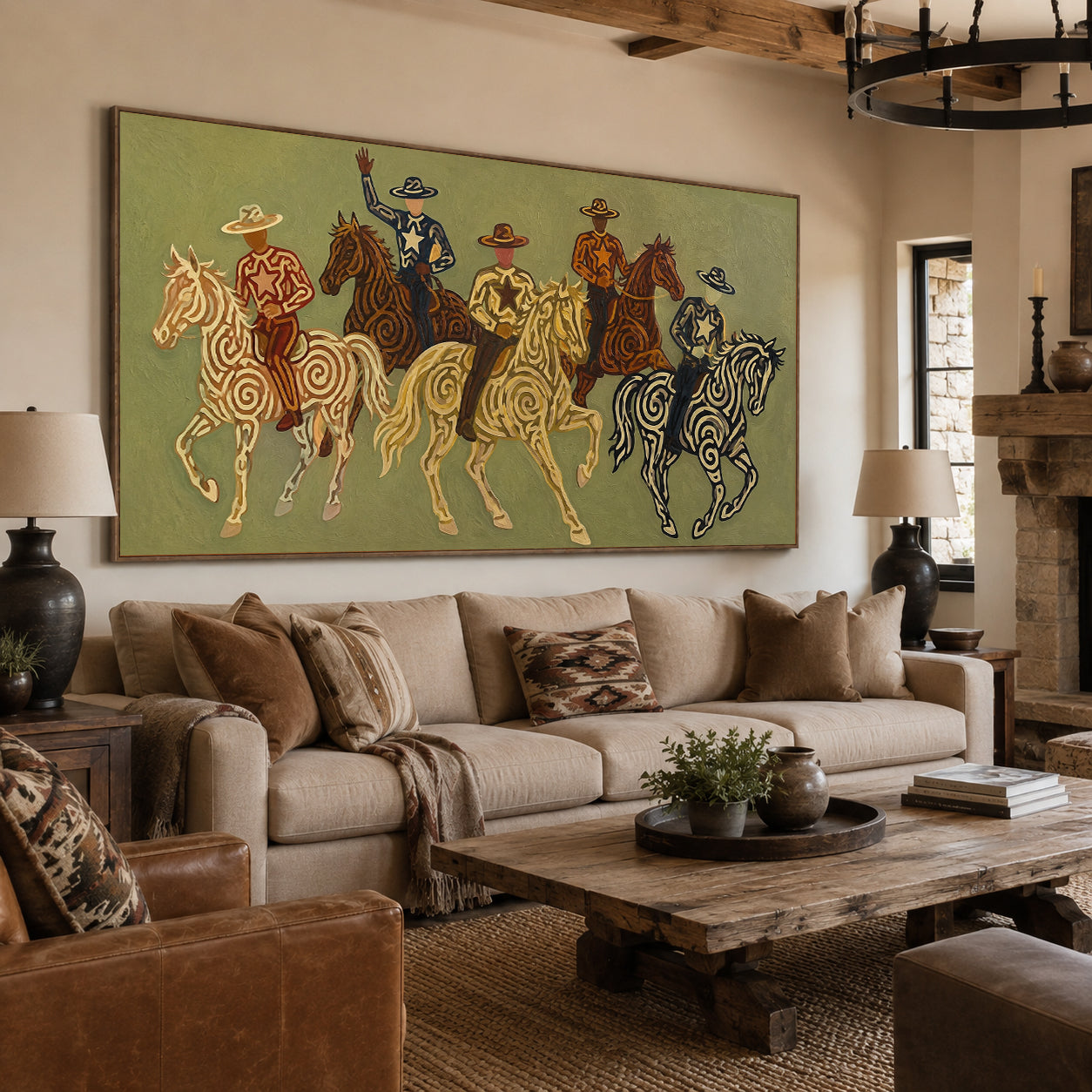 Olive Green Cowboy Riders Painting, Panoramic Western Horse Art, Modern Southwestern Decor