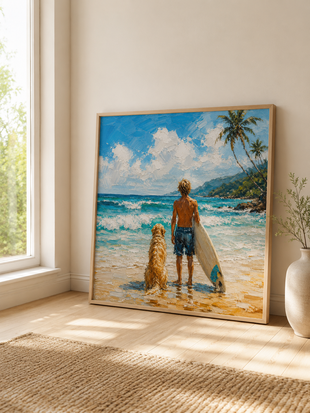 Surfer And Dog Beach Painting Textured Oil Art For Coastal Home Decor