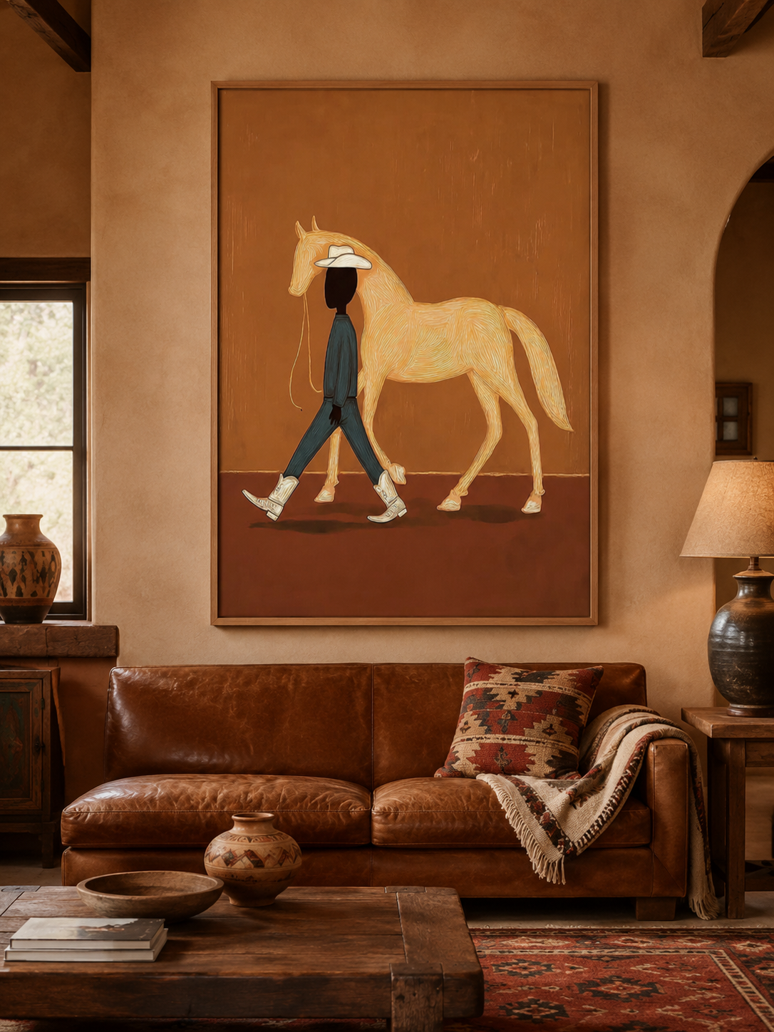 Minimalist Cowboy And Horse Painting Abstract Textured Wall Art For Modern Home Decor