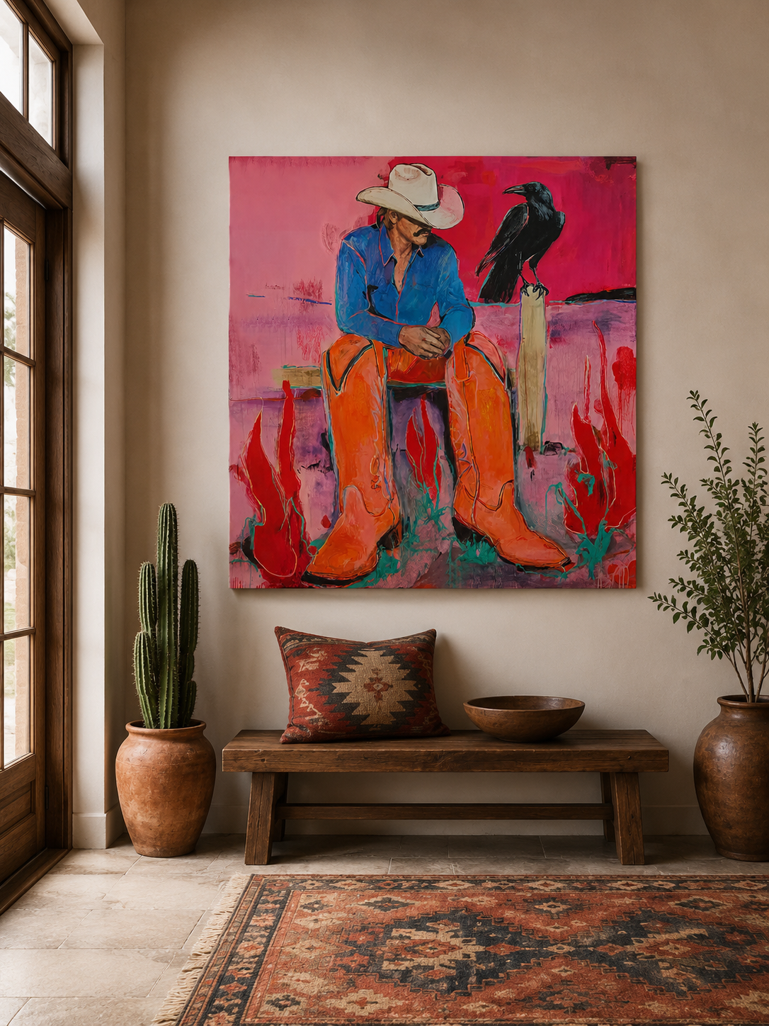 Modern Cowboy Painting With Raven For Living Room Wall Decor Original Art