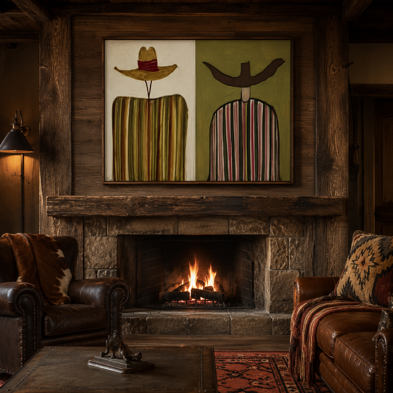 Rustic Figurative Art With Striped Men In Green And Brown For Living Room Decor