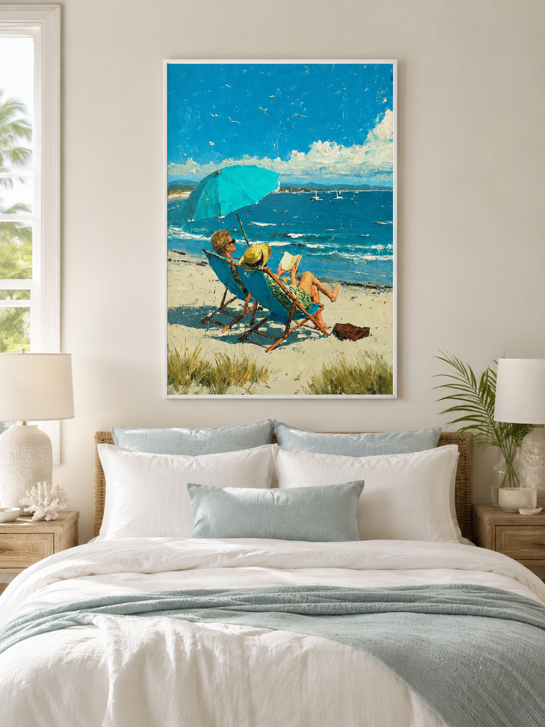 Original Beach Scene Oil Painting With Blue Sea And Umbrella For Coastal Living Room Wall Decor
