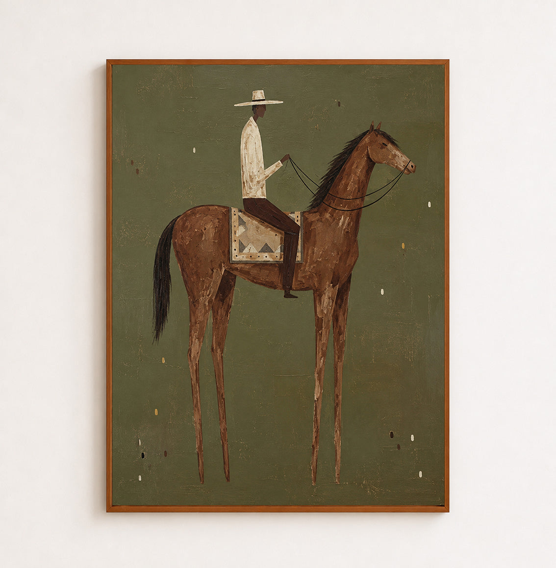 Mid Century Modern Horse Art With Minimalist Cowboy In Green Frame For Living Room Decor