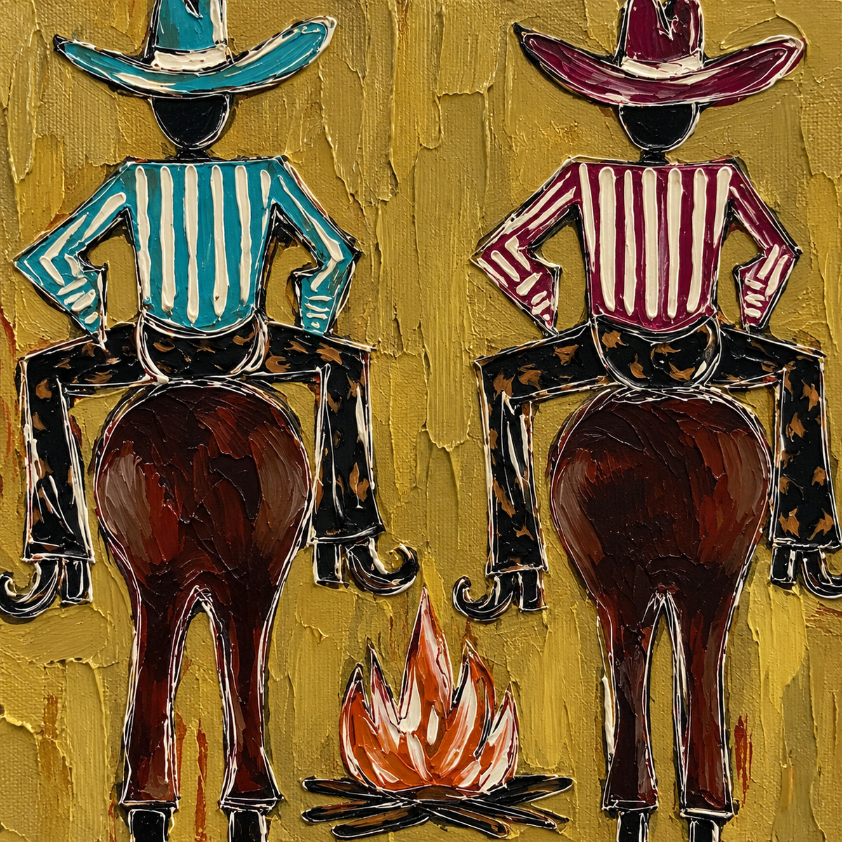 Hand-Painted Cowboy And Horse Canvas Painting With Campfire In Brown And Gold
