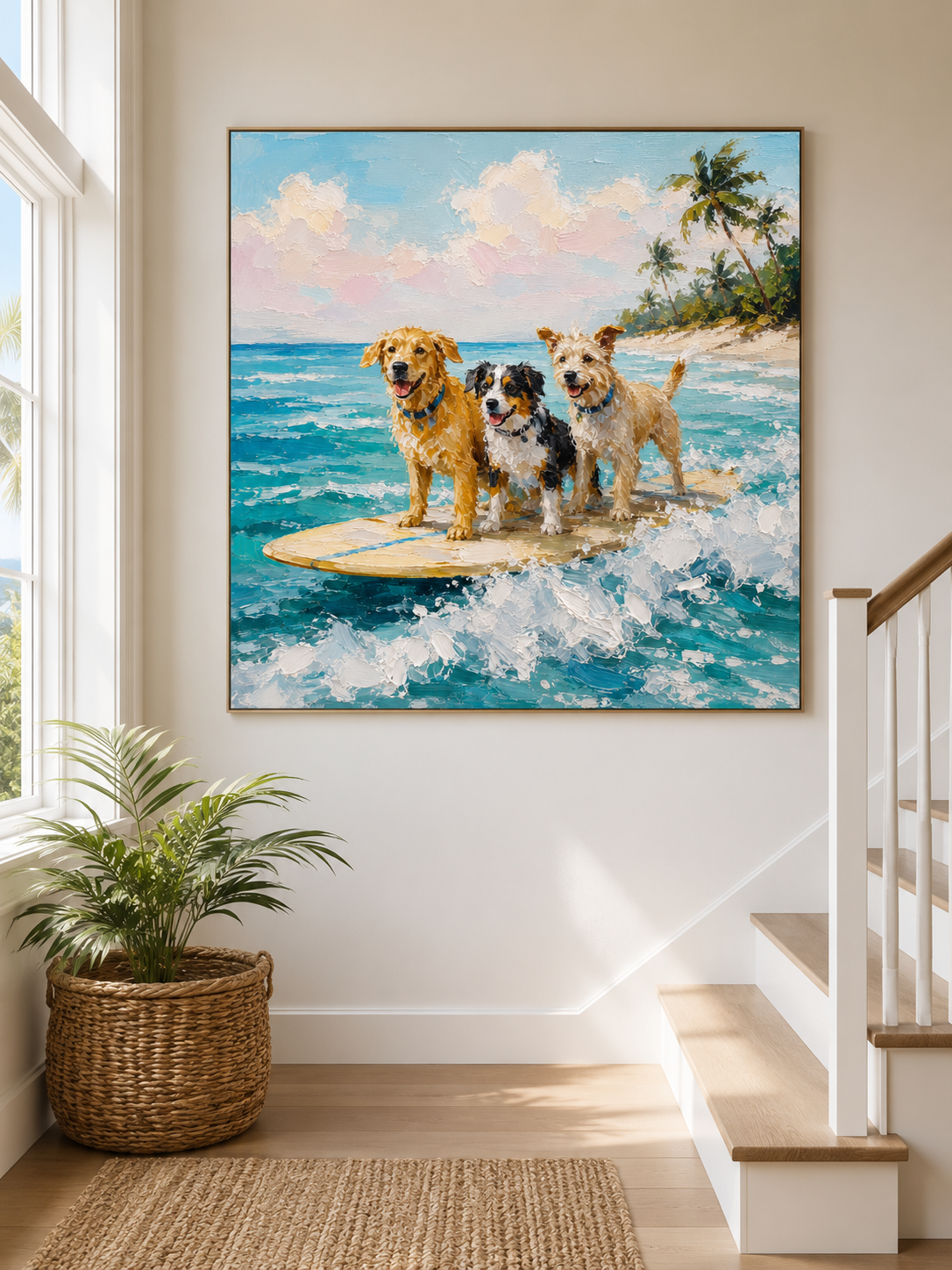 Fun Surfing Dogs Oil Painting For Pet Lovers Beach Themed Wall Art