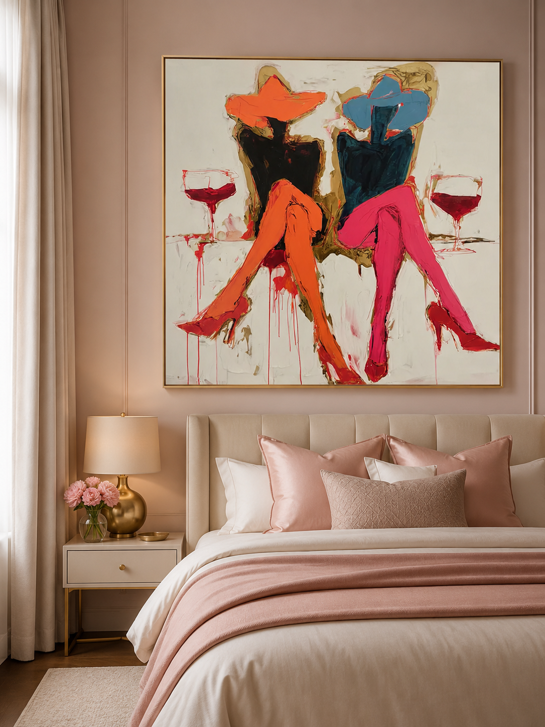 Stylish Fashion Girl Oil Painting With Orange Pink Tones For Living Room Decor
