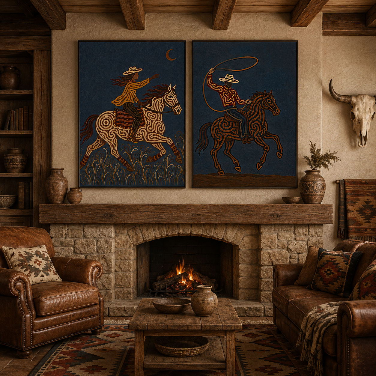 Moody Dark Blue Western Cowboy Wall Art Set Of 2, Vintage Equestrian Canvas Painting For Living Room