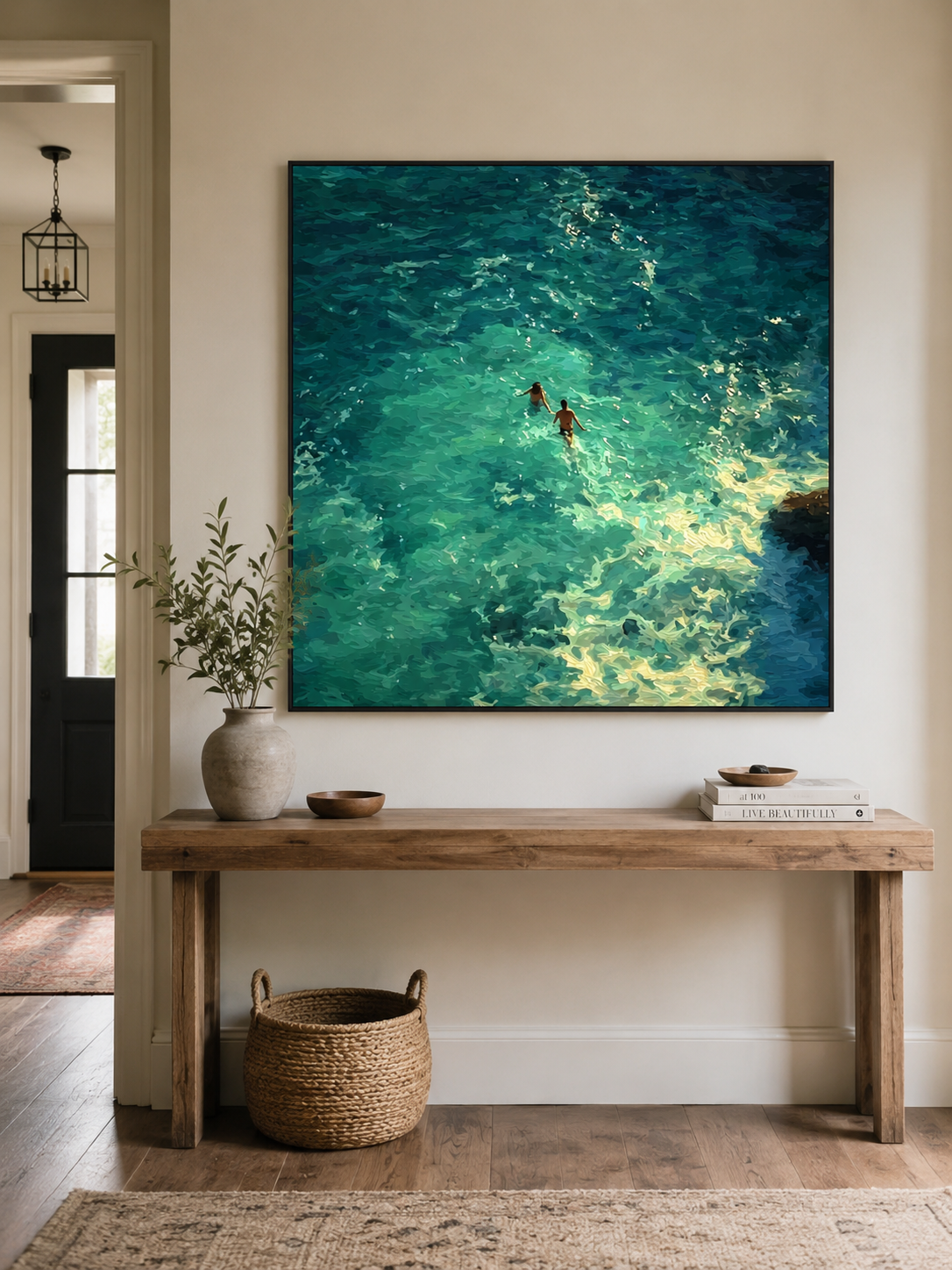 Emerald Ocean Swimmers Square Canvas Art For Beach House Wall Decor