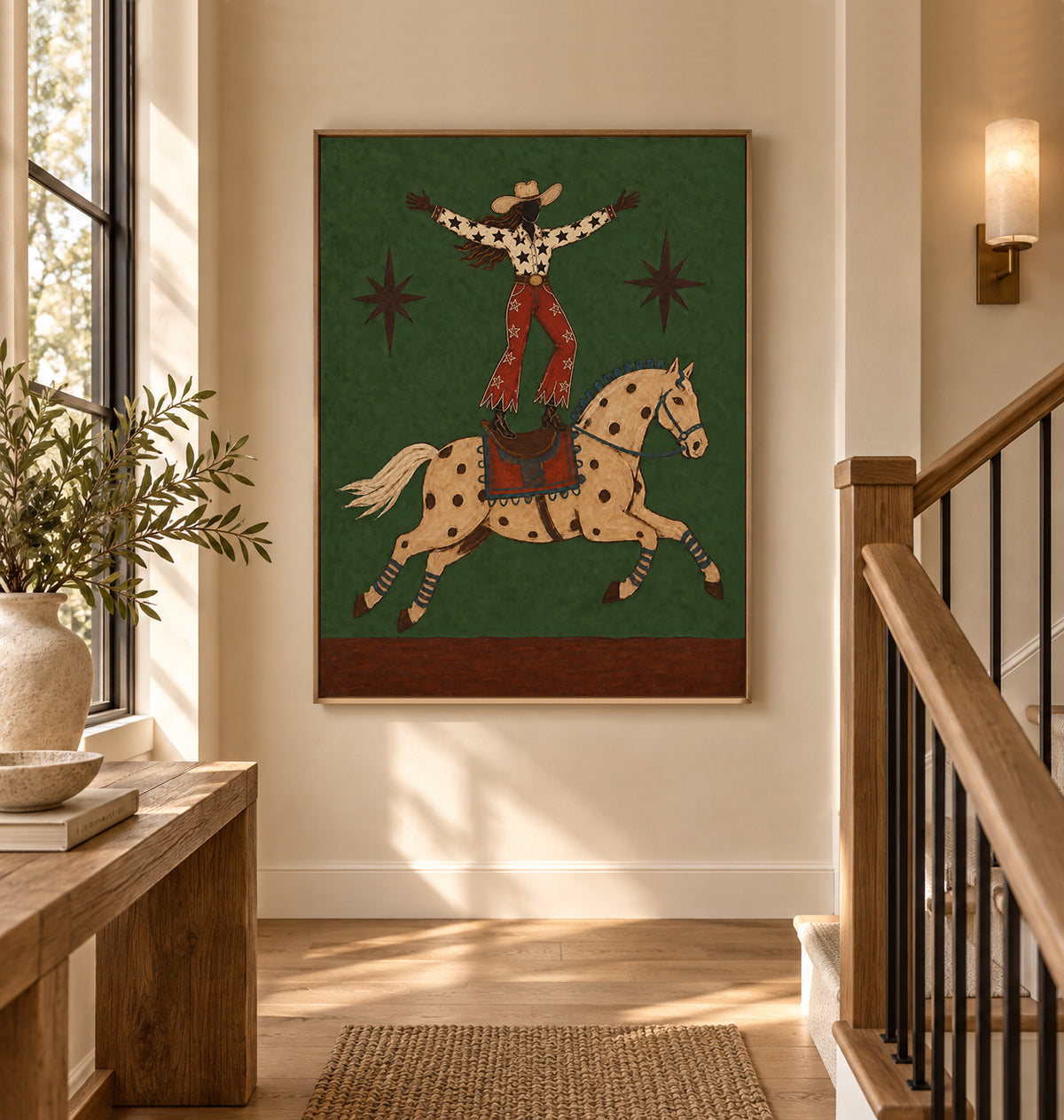 Western Wall Art For Living Room Green Horse Painting Handmade Cowboy Decor