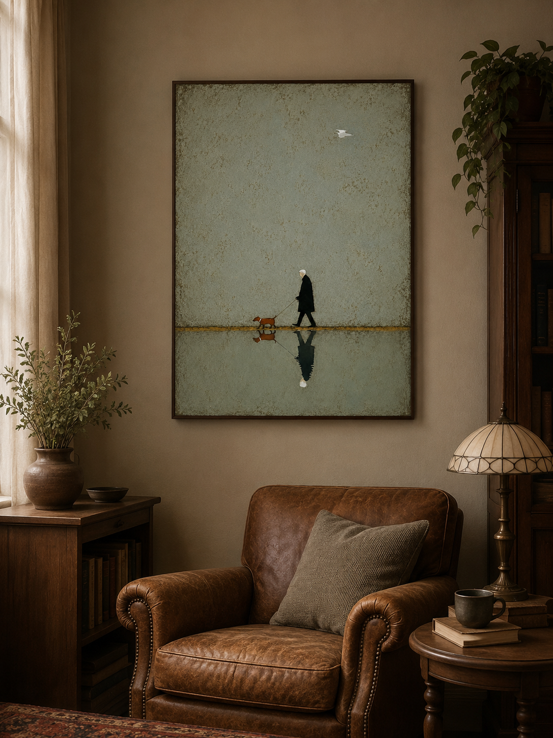 Abstract Figurative Painting Of Owner And Pet In Square Format With Sage Green Tones For Office