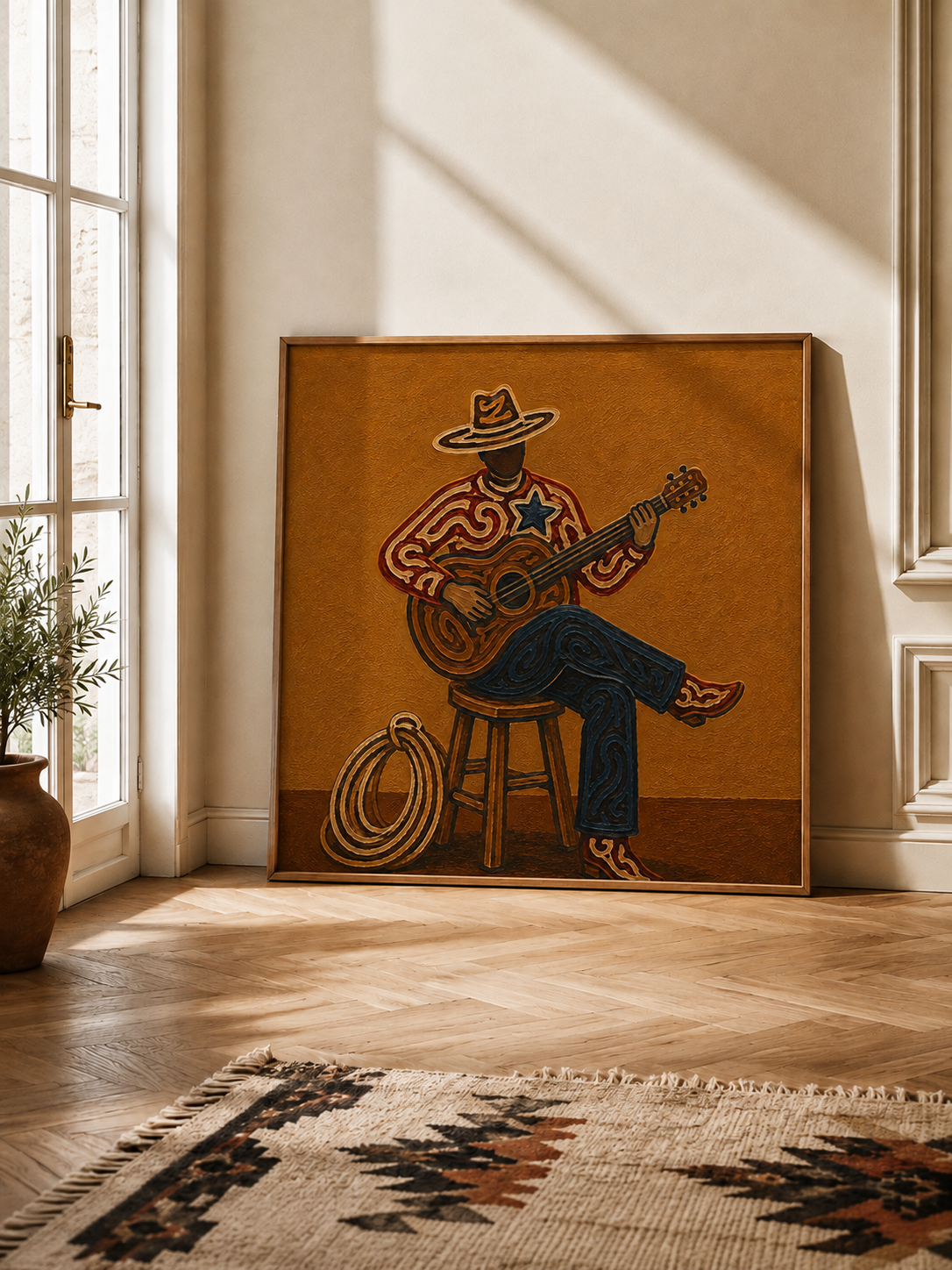 Cowboy Playing Guitar Art , Western Music Wall Art, Country Music Decor Painting, American Folk Art Style