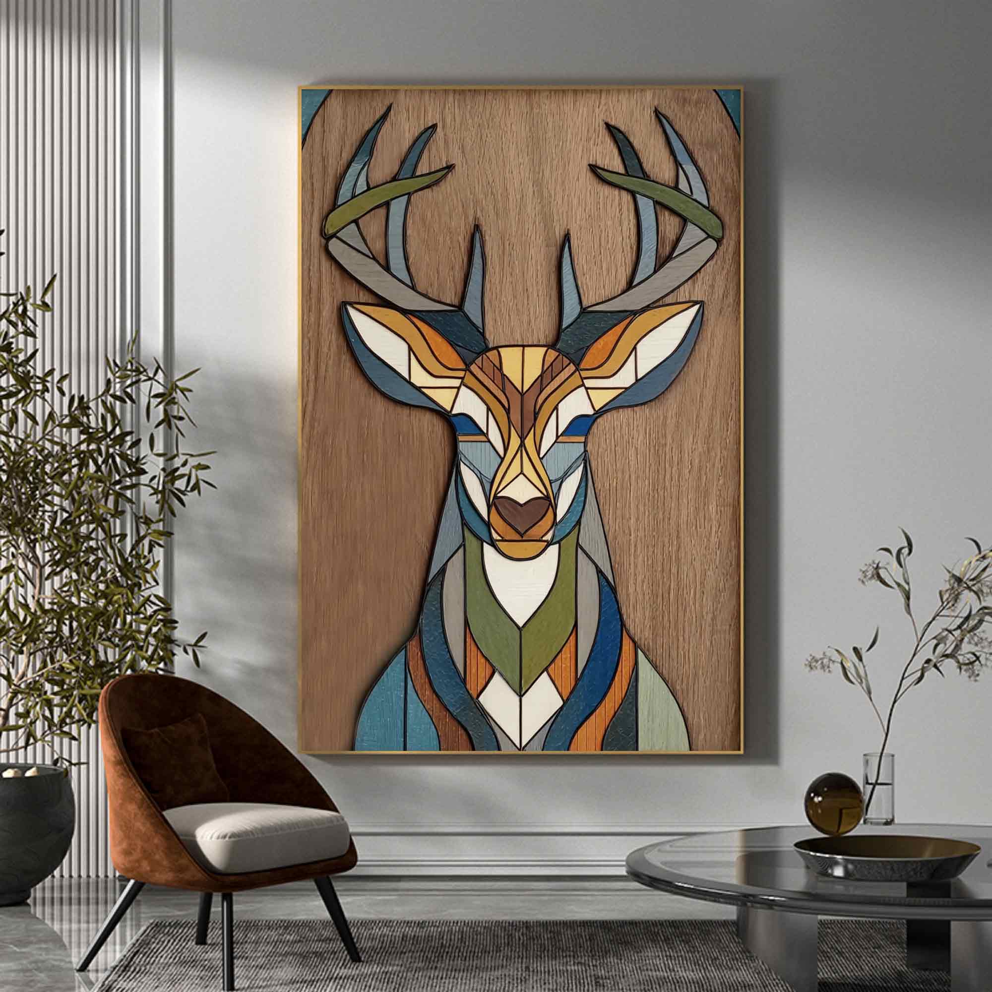colorful Abstract wooden deer art Living room geometric deer decor