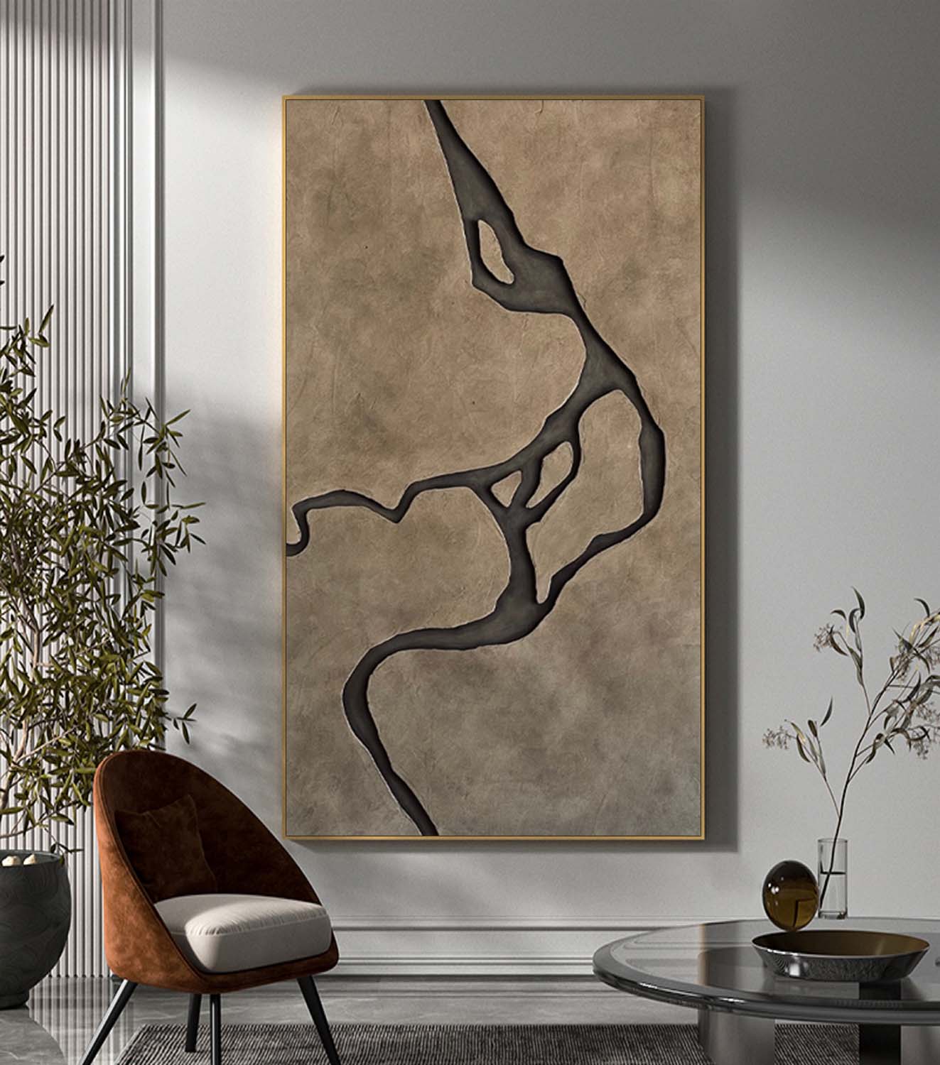 Large 3D Wood Carving Wall Art - Modern Terracotta Textured Painting for Living Room