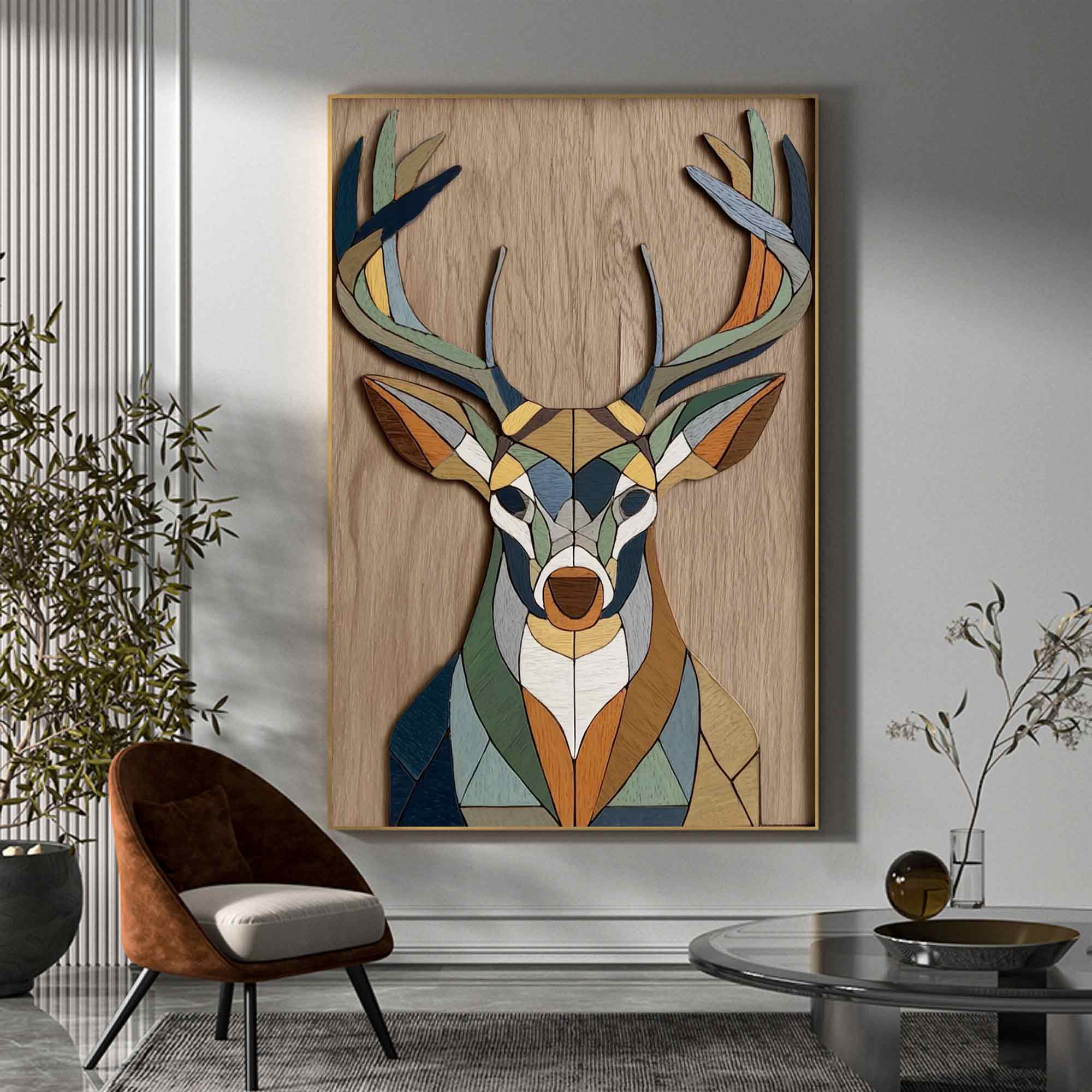 Contemporary animal geometric decor wooden Minimalist stag wall art