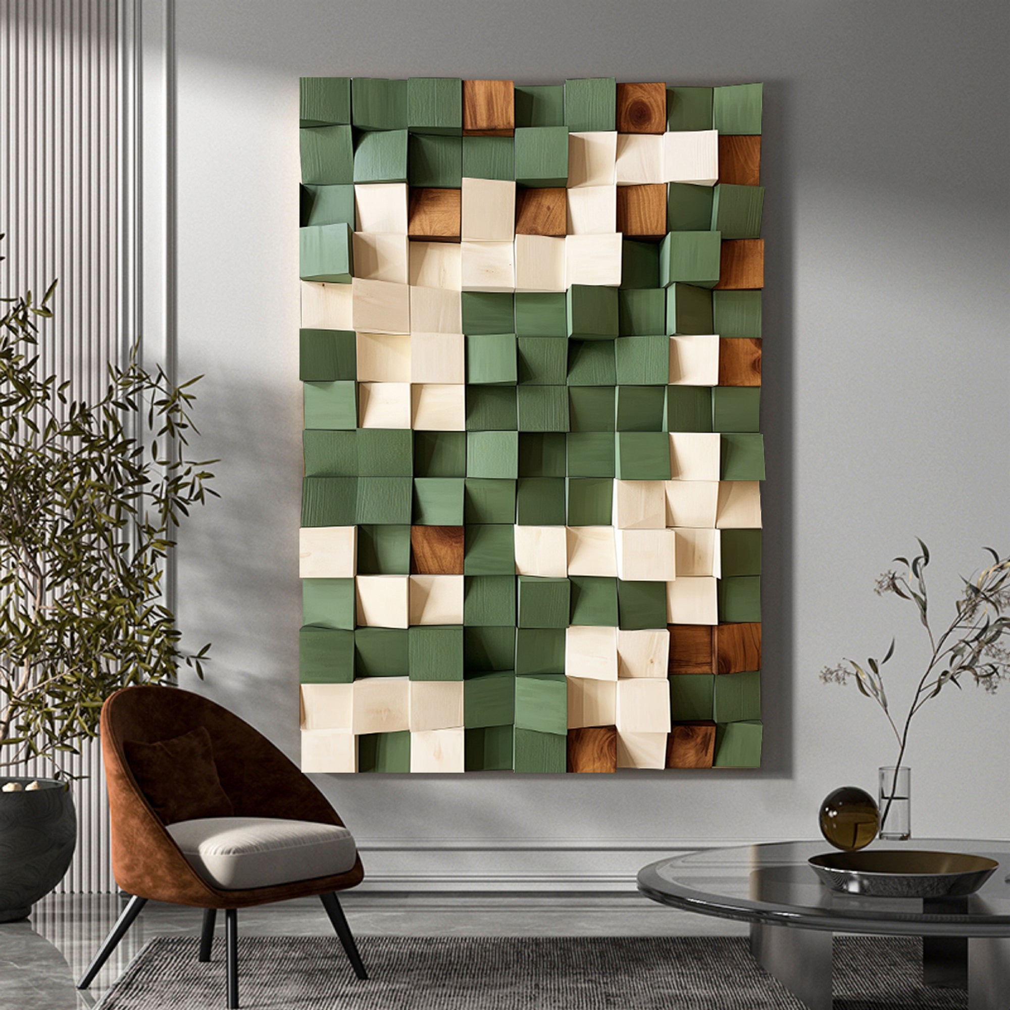 Green Sculptured art Painting Green Textured Wall Art Colorful Geometric Wood Art Colorful Wood Block Art Geometric Wood Wall Art
