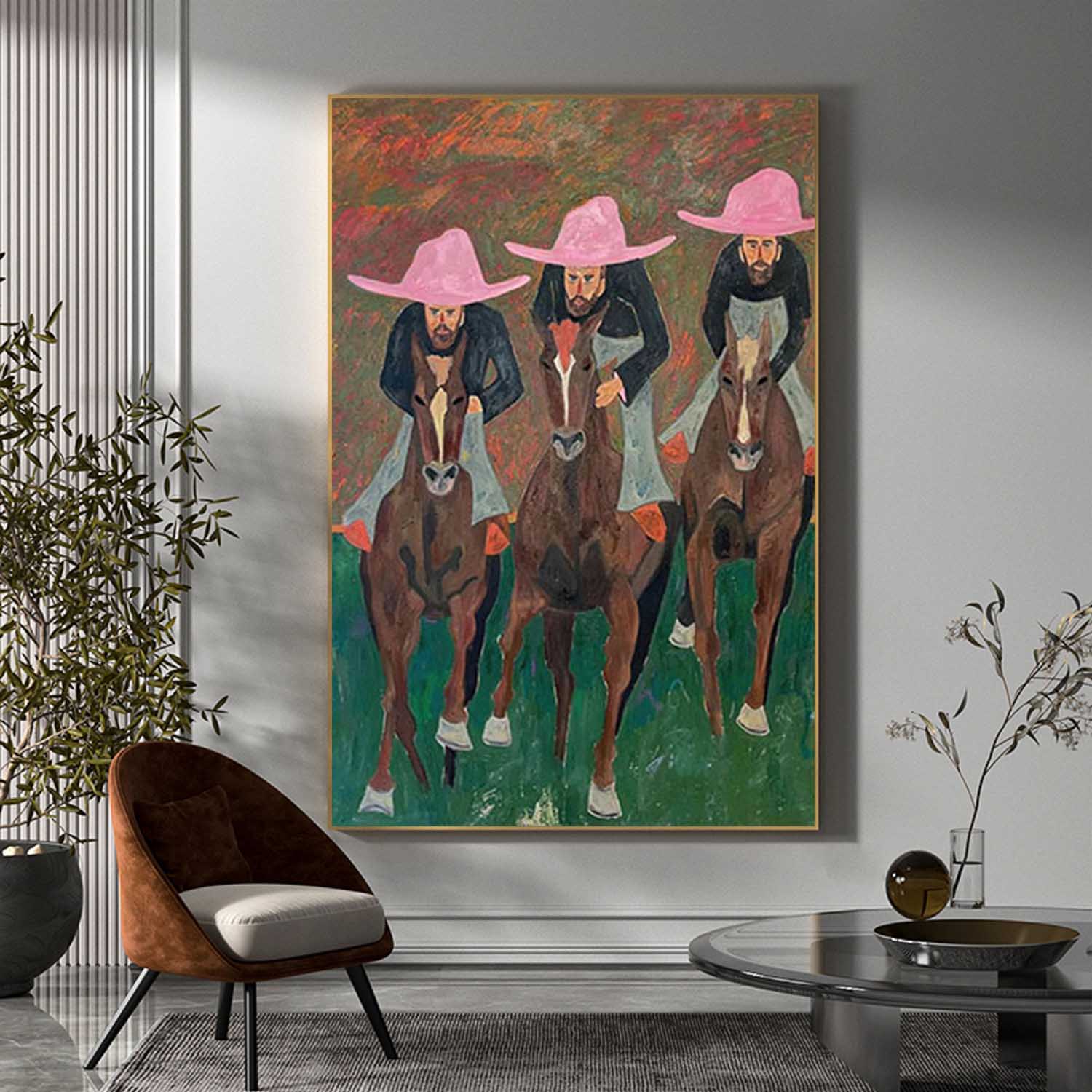 Pink hat man riding horse abstract painting pink hat man abstract art man riding horse abstract painting